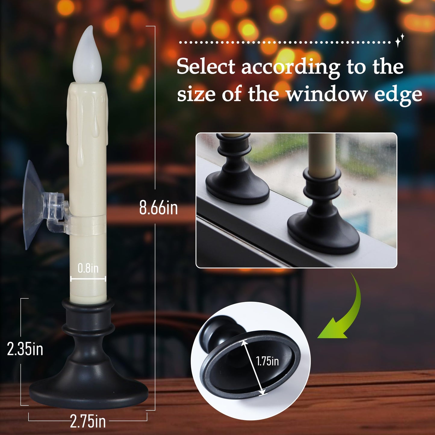 Daord 6 Pcs Sensor Dusk to Dawn Window Candles Flameless Flickering Candlesticks with Black Holders & Suction Cups Battery Operated Fake Candle for Christmas Home Decor (6pcs,Ivory)