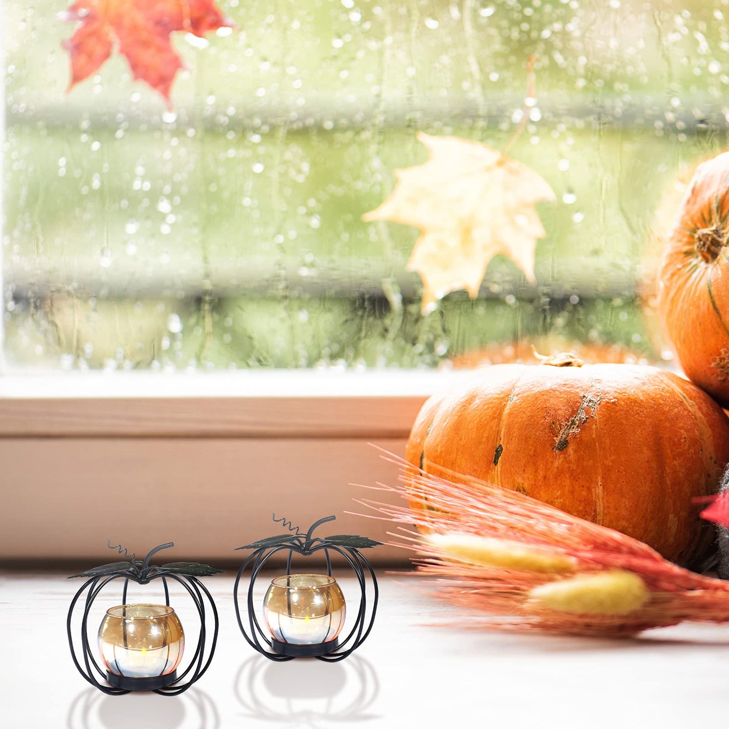 Pumpkin Glass Votive Candle Holder, Set of 2, Decorative Matte Black Iron Tea Light Candle Holder for Home Décor, Thanksgiving Decoration, Halloween Table Decor