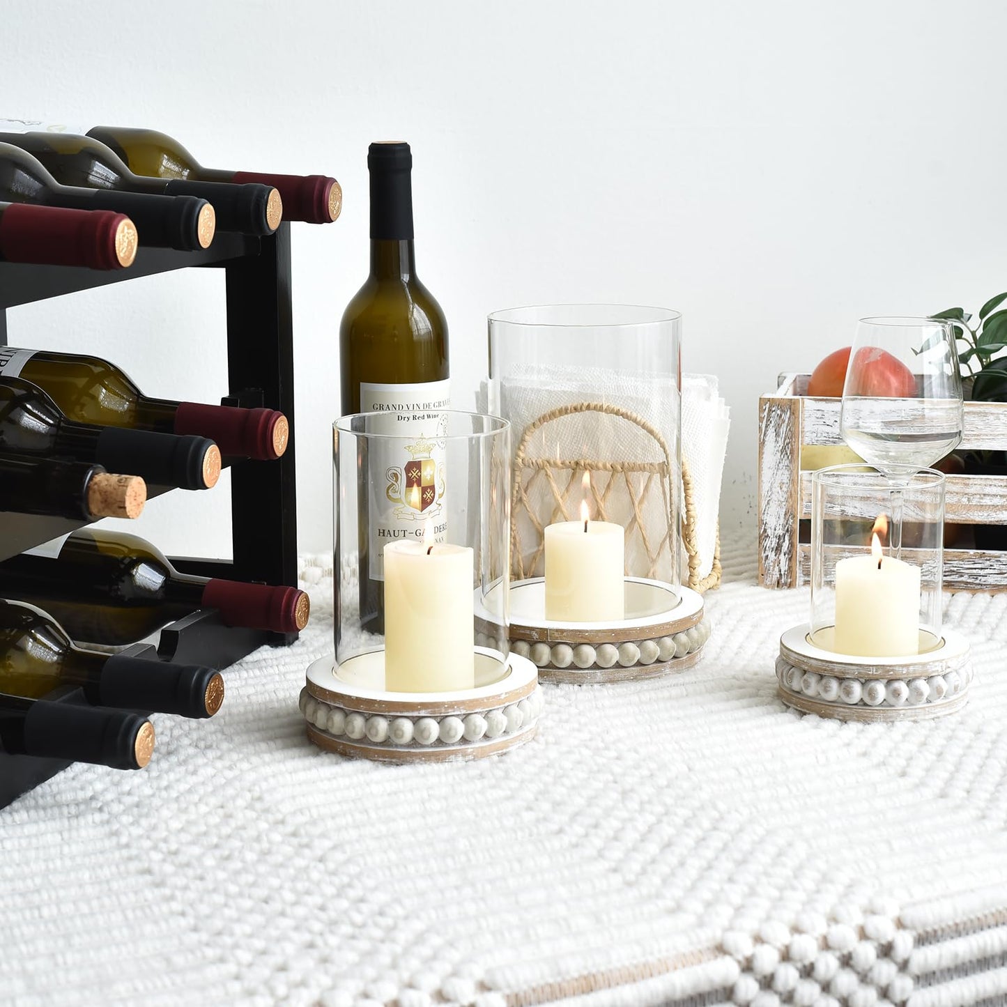SWALLOWLIVING Glass Hurricane Candle Holders for Pillar Candles - Farmhouse Rustic Distressed White, Set of 3 with Wood Beaded Base