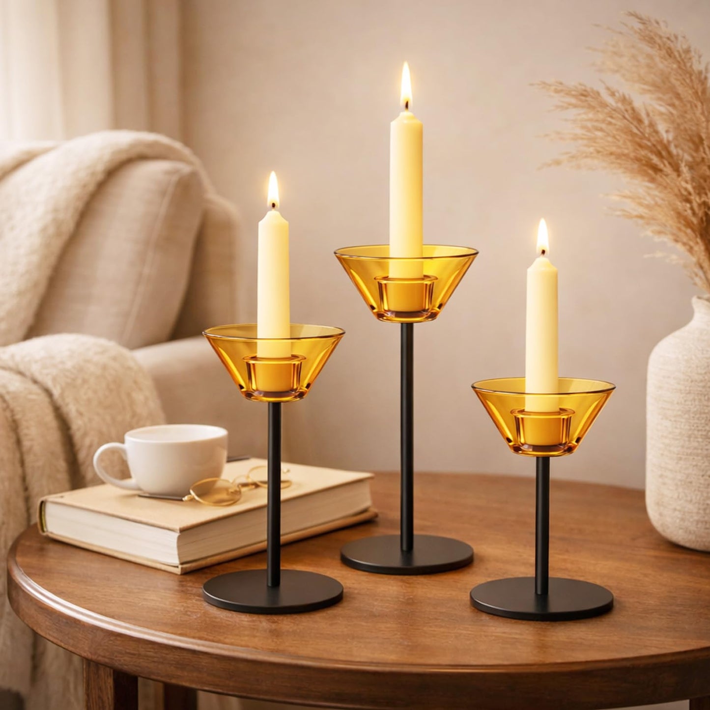 Smytle Amber‑Gold Glass Candlestick Holders with Weighted Black Metal Base, Set of 3 Amber Candle Holders for Both Taper and Tea Light Candles, Boho & Autumn Table Decor, Wedding Centerpiece