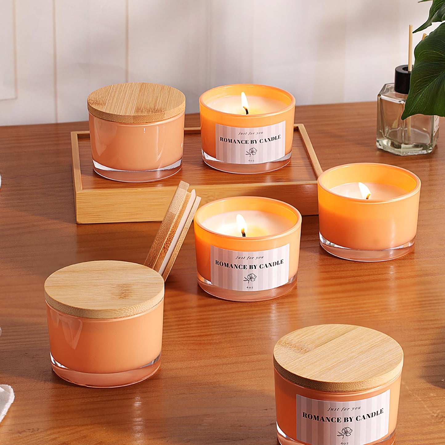 REISEN 12 PCS Orange Candle Jars for Making Candles, 4 OZ Glass Jars with Bamboo Lids and Sticky Warning Labels, Candle Containers for DIY Gifts, Candle Making Supplies