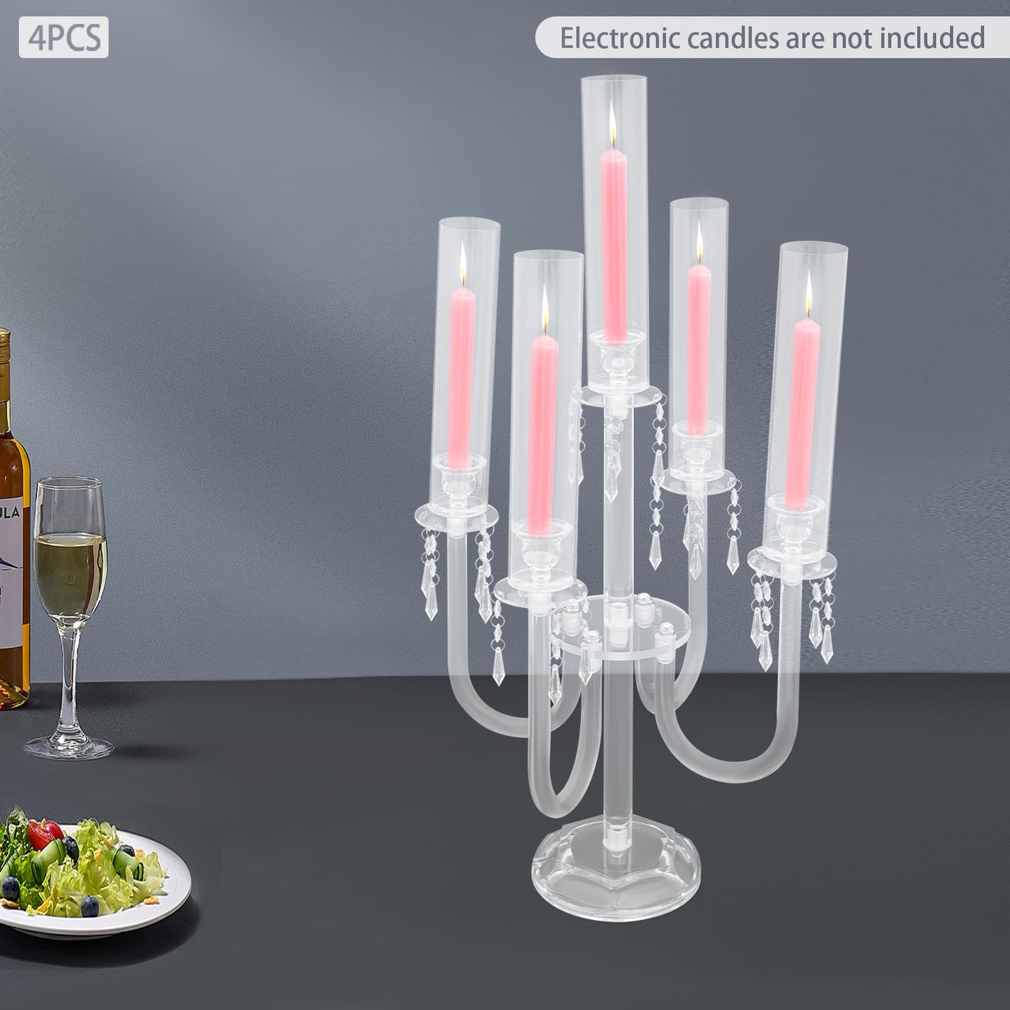 4 Pcs Acrylic Candelabra Centerpieces with Crystal Beaded, 5 Arm Clear Crystal Candlesticks Holder for Wedding, Candelabra Centerpiece Stands with Removable Lampshade for Party
