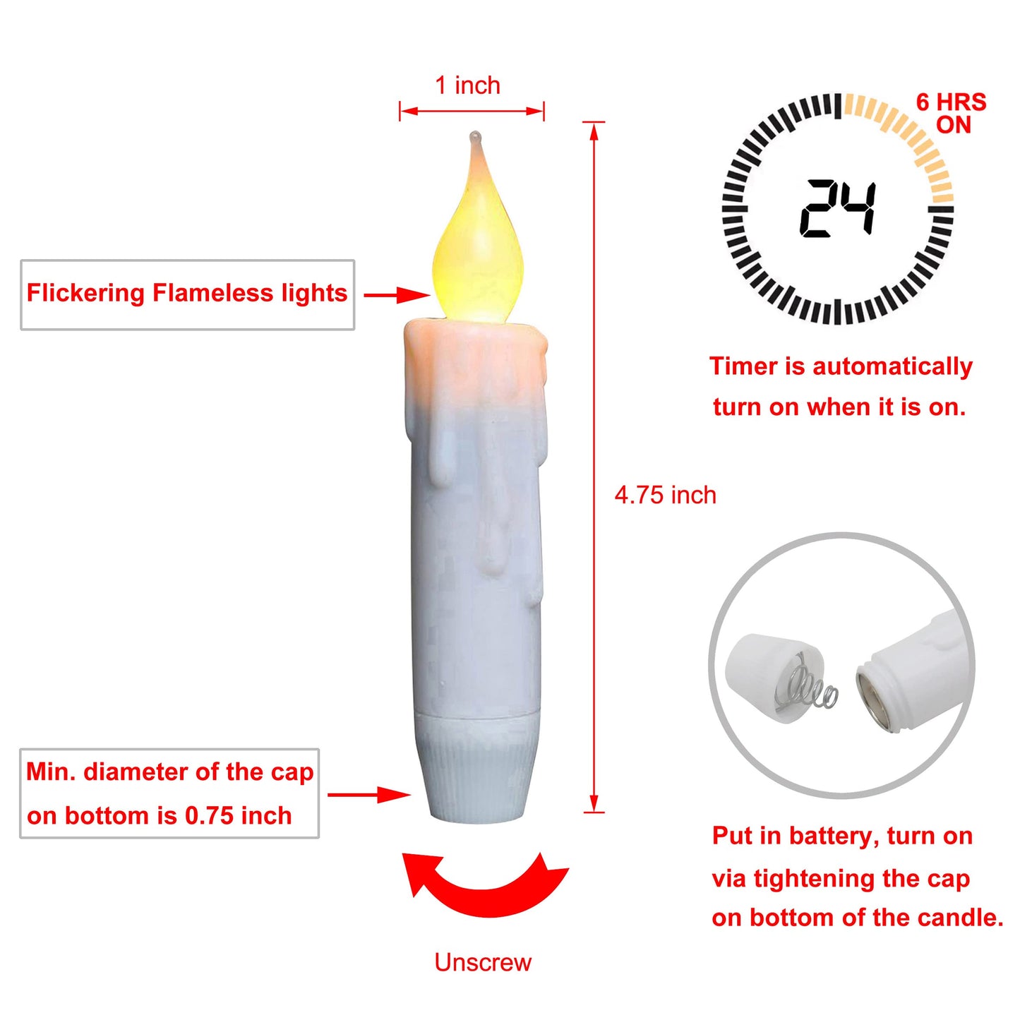 CVHOMEDECO. Flickering Taper Candles LED Drip Flameless Candles, Battery Operated with Timer, White, 4-3/4 Inch, Set of 3