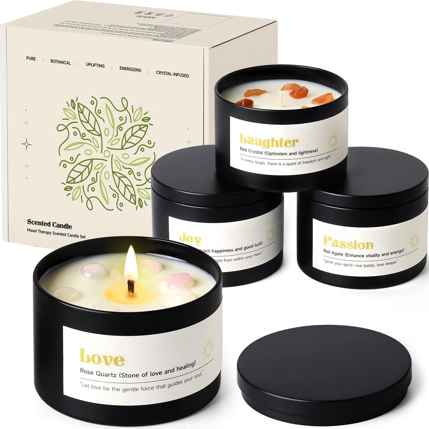 AOOVOO Crystal Energy Candles Set for Women - 4 Pack 26 oz Soy Wax Candles for Home Scented, 200 Hour Long Lasting Candle, Laughter Red Crystal/Love Rose Quartz/Joy Citrine/Passion Red Quartz