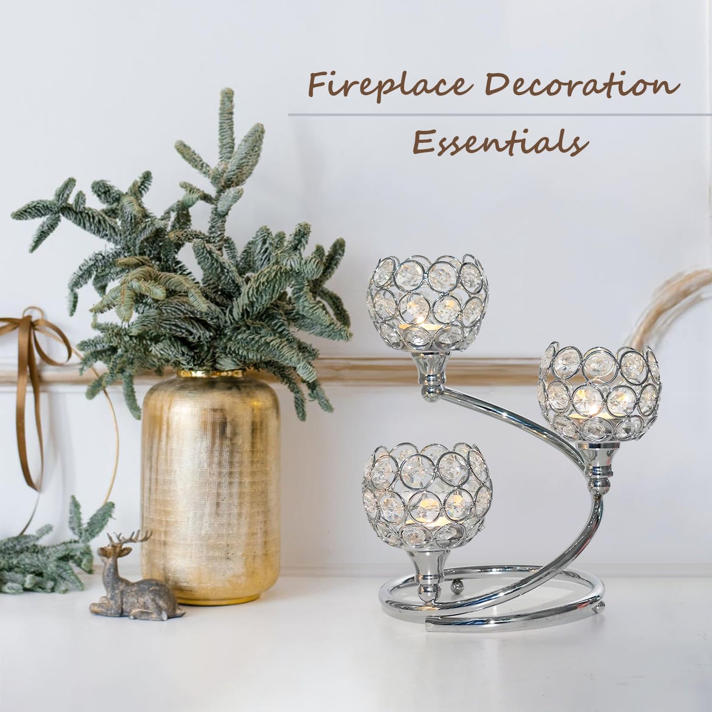 KEHAIL Metal Crystal Candle Holder Set of 2 - Elegant 3-Arm Metal Tea Light Centerpiece with Shining Crystal Bowl, Wedding Anniversary Table Decor for Dining, Party (Silver, 2 Pcs 3 Arm)