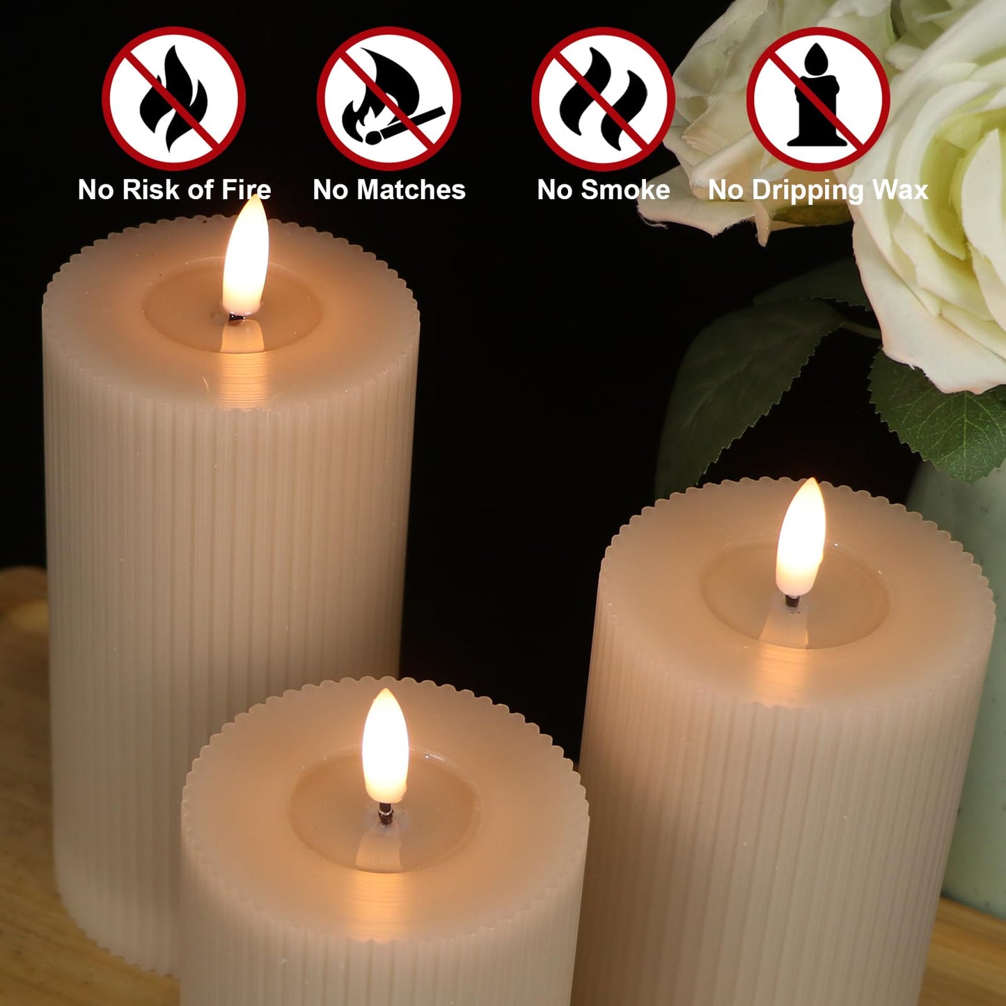 Eldnacele Vertical Stripe Pillar Flameless Candles with 6 Hours Timer, Battery Operated 3D Wick Flickering Warm Lights Real Wax Gray LED Candles Dinner Indoor Holiday Christmas Decor(3Pcs,3"×5"/6"/7")