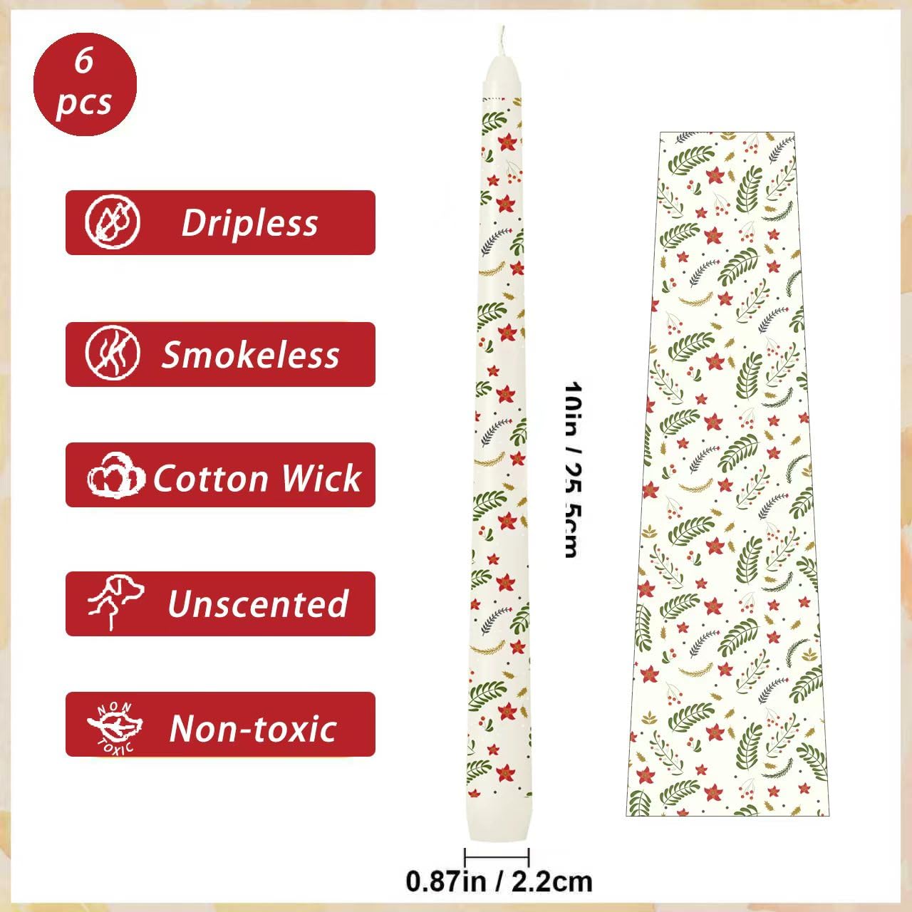 6 Pack Printed Taper Candle Set for Home Decoration, 10 Inch Ivory Candlesticks with Red Flowers and Green Leaves Pattern for Dinner Holiday Seasonal Celebration, Dripless and Smokeless Candle