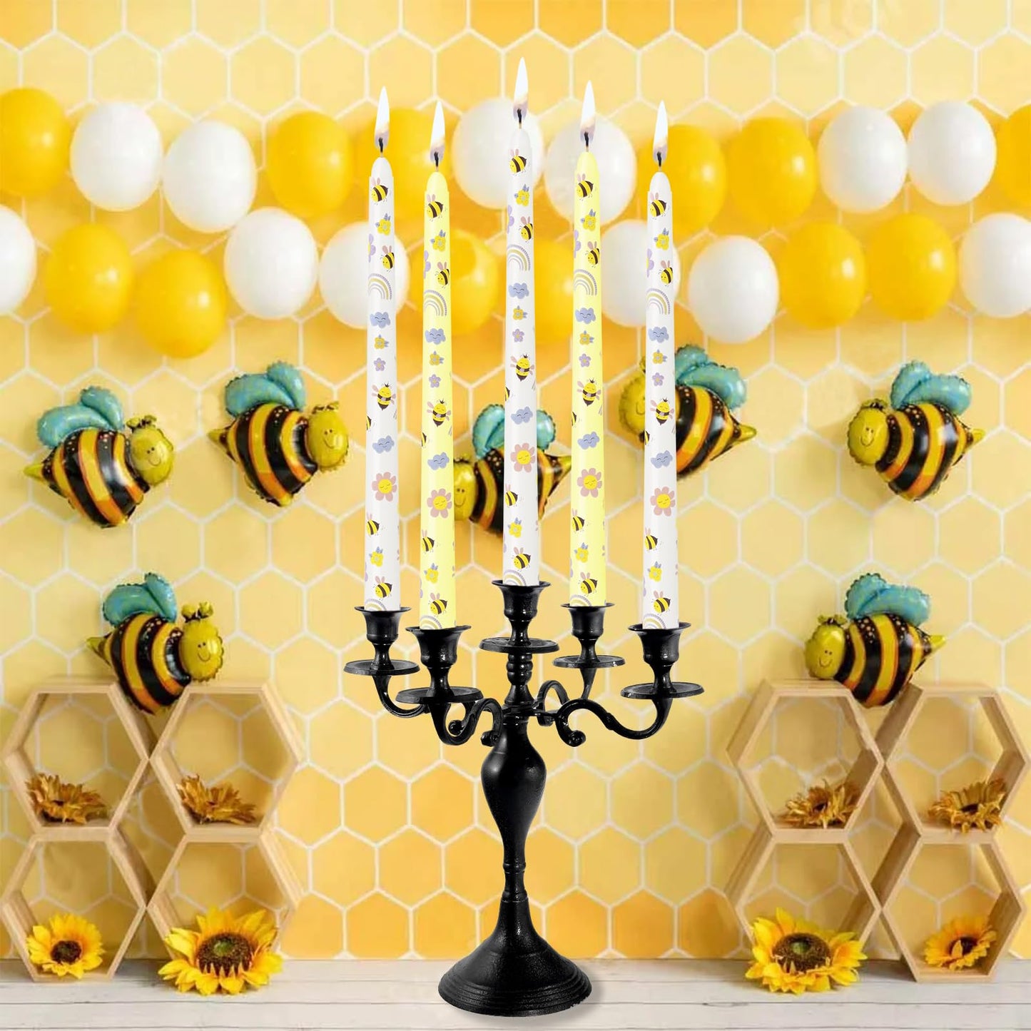 W&LESVAGO 10 Inch Yellow Bee Print Taper Candles, 4 Pack Unscented No-Drip Low-Smoke Long Wax Candlesticks for World Bee Day, Wedding, Party, and Dinner Table Decor (AY2)