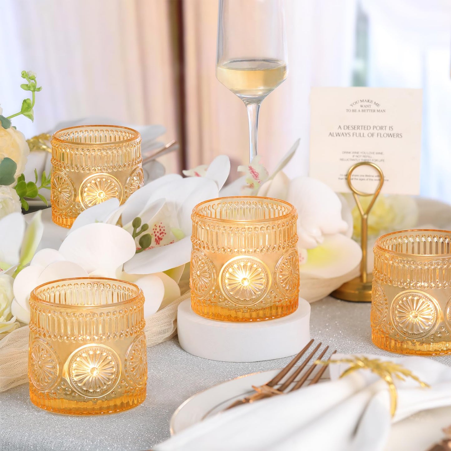 Sunnyfuture 6Pcs Large Votive Candle Holders Orange Glass Tealight Candle Holders for Wedding, Table Centerpiece, Party, Birthday, Home Decor