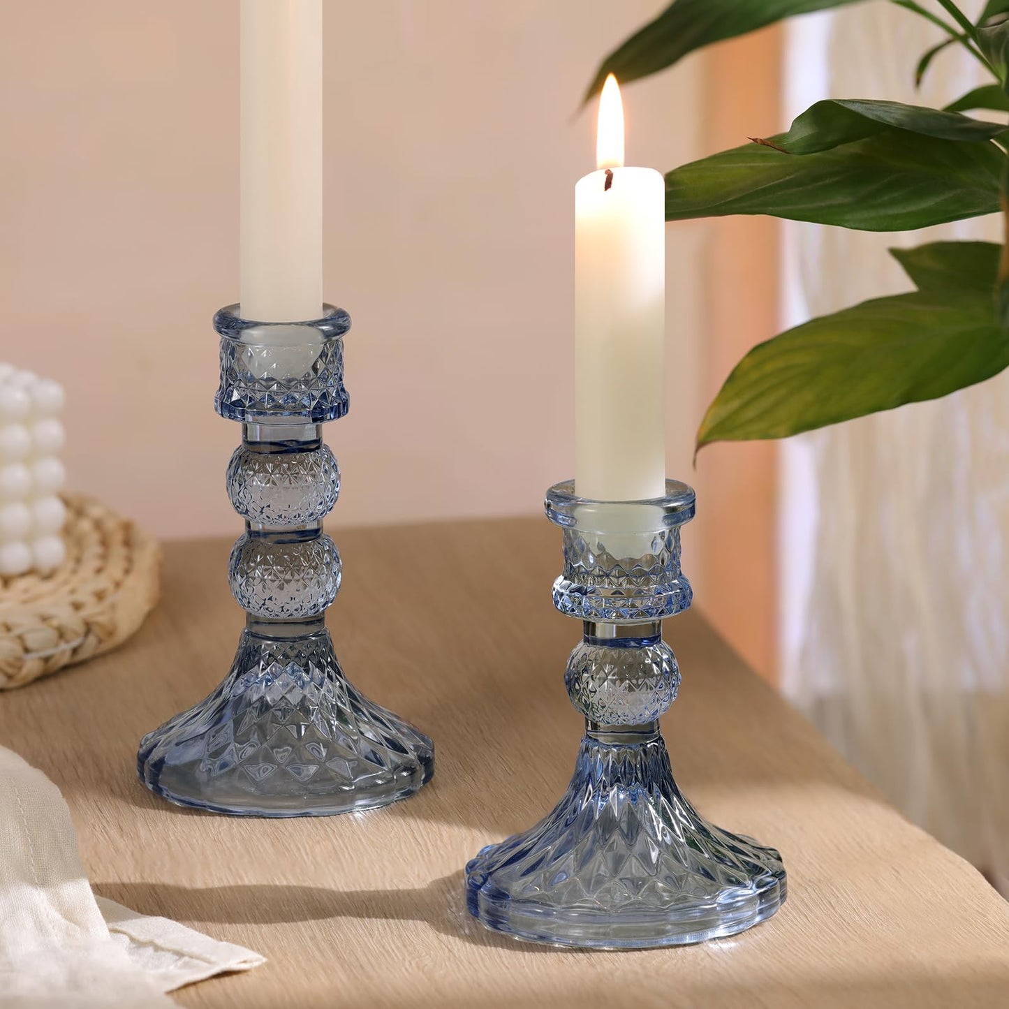 DARJEN Blue Glass Candlestick Holders Set of 6, 4" H & 5" H Taper Candle Holders for Candlesticks & Pillar Candles, Diamond Candle Holders for Wedding Party Table Centerpiece, Home Decor