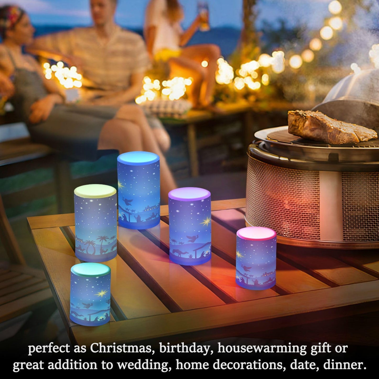 ALAZA Christmas Blue Nativity Scene Flickering Flameless Candles Battery Operated with Remote Timer,Tea Light Candles LED Pillar Votive Candles Set of 2 for Outdoor Indoor Decorations