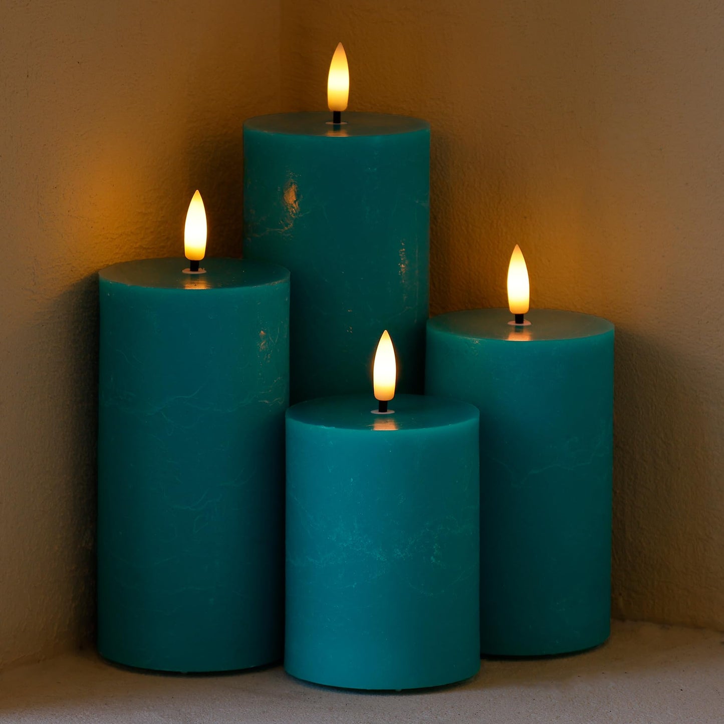 AFINETH Teal Flameless Pillar Candles, Battery Operated Candles with Remote, Real Wax Flickering LED Candles for Home Party Wedding Holiday Decor, Set of 4, Φ 3" H 4" 5" 6" 8"