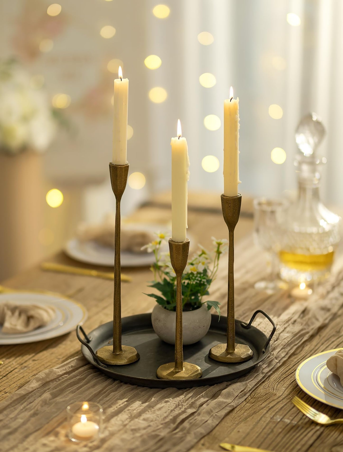 Romadedi Gold Candlestick Candle Holder - Cast Iron Taper Candle Stick Holders Brass Antique Decor Tapered for Wedding Dining Table Christmas Mantel Home Decoration Set of 3
