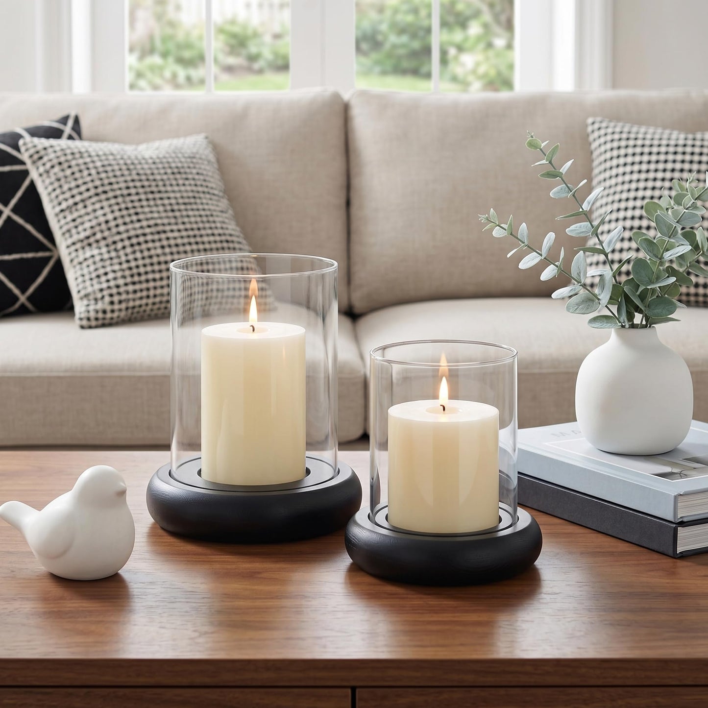 Set of 2 Black Hurricane Candle Holders with Wood Base, Modern Windproof Glass Cylinder Lantern, Farmhouse Pillar Candle Holder Decor for Table Centerpieces, Living Room, Patio & Kitchen Dining
