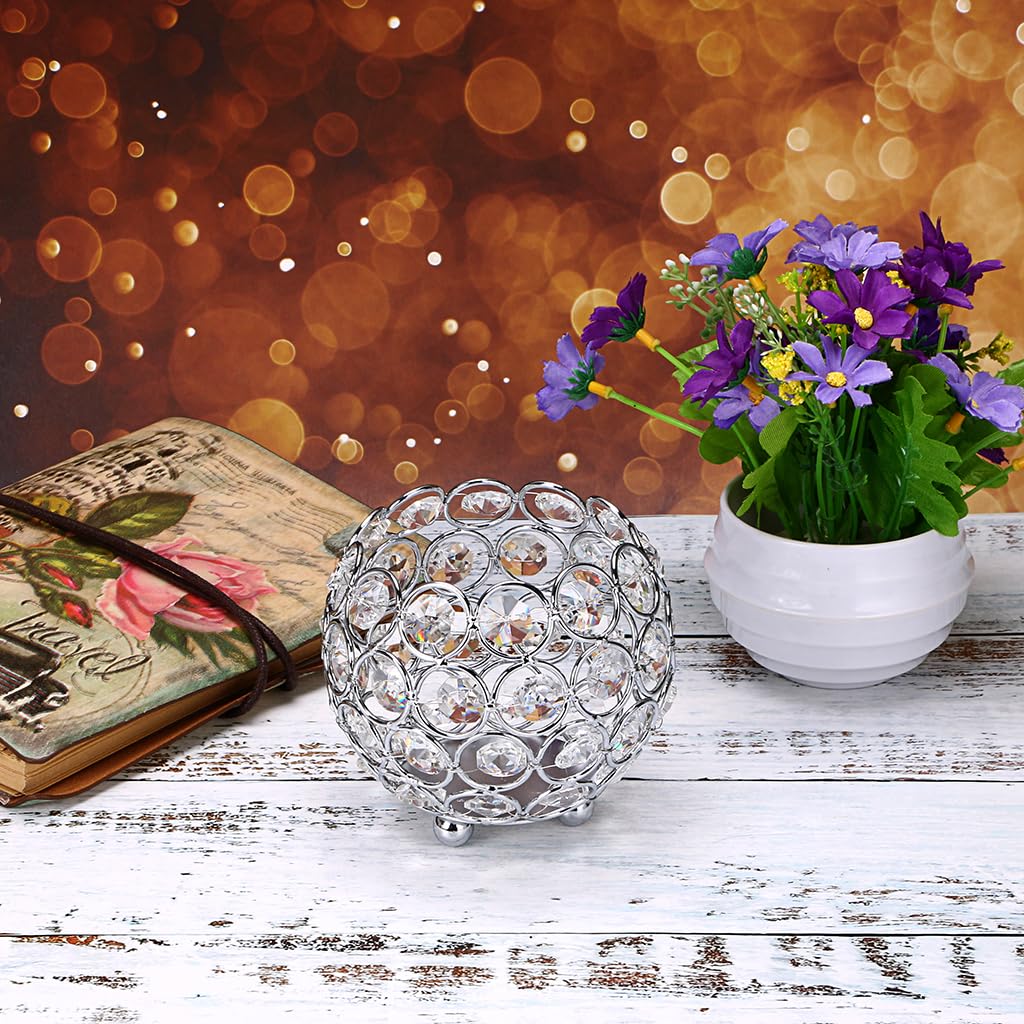 OwnMy 10cm Crystal Bowl Votive Candleholder Sparkly Tea Light Candle Holders Candle Lanterns Decorative Candelabra Vase for Christmas New Year Wedding Table Centerpieces (Silver Tone)