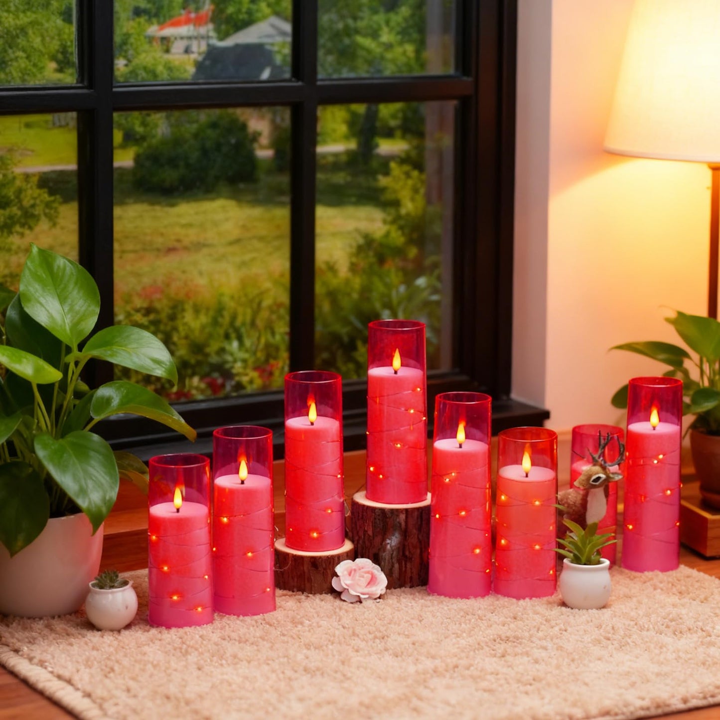 Eebuss Flameless Candles with Embedded Star String, Battery Operated LED Pillar Candles with Timer and Remote Control,Home Decorating for Ambiance, Set of 7 (Pink)