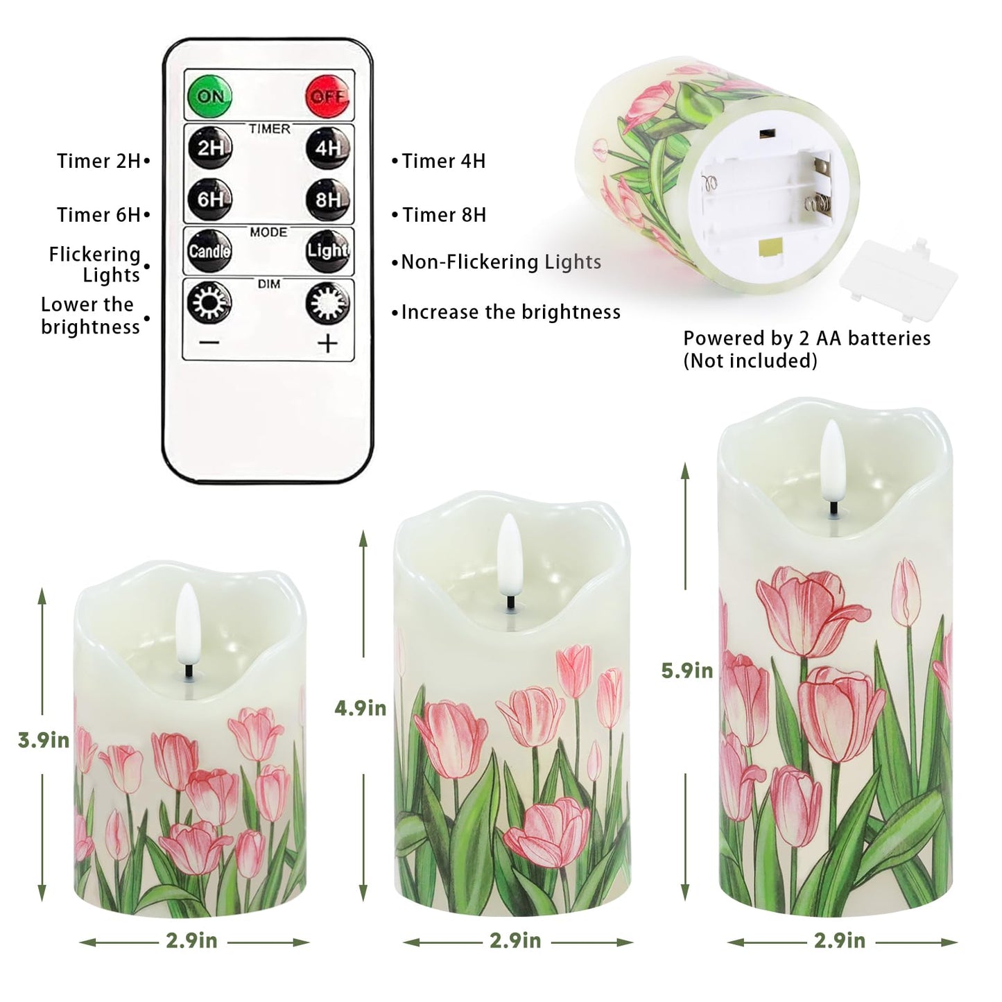 VEEKI Flameless Candles Light, Set of 3 Flickering Tulip Pillar Candles with Remote & Timer, Dimmable Real Wax Electric LED Candles Battery Operated, Mother's Day Birthday Gift for Mom Grandma Women