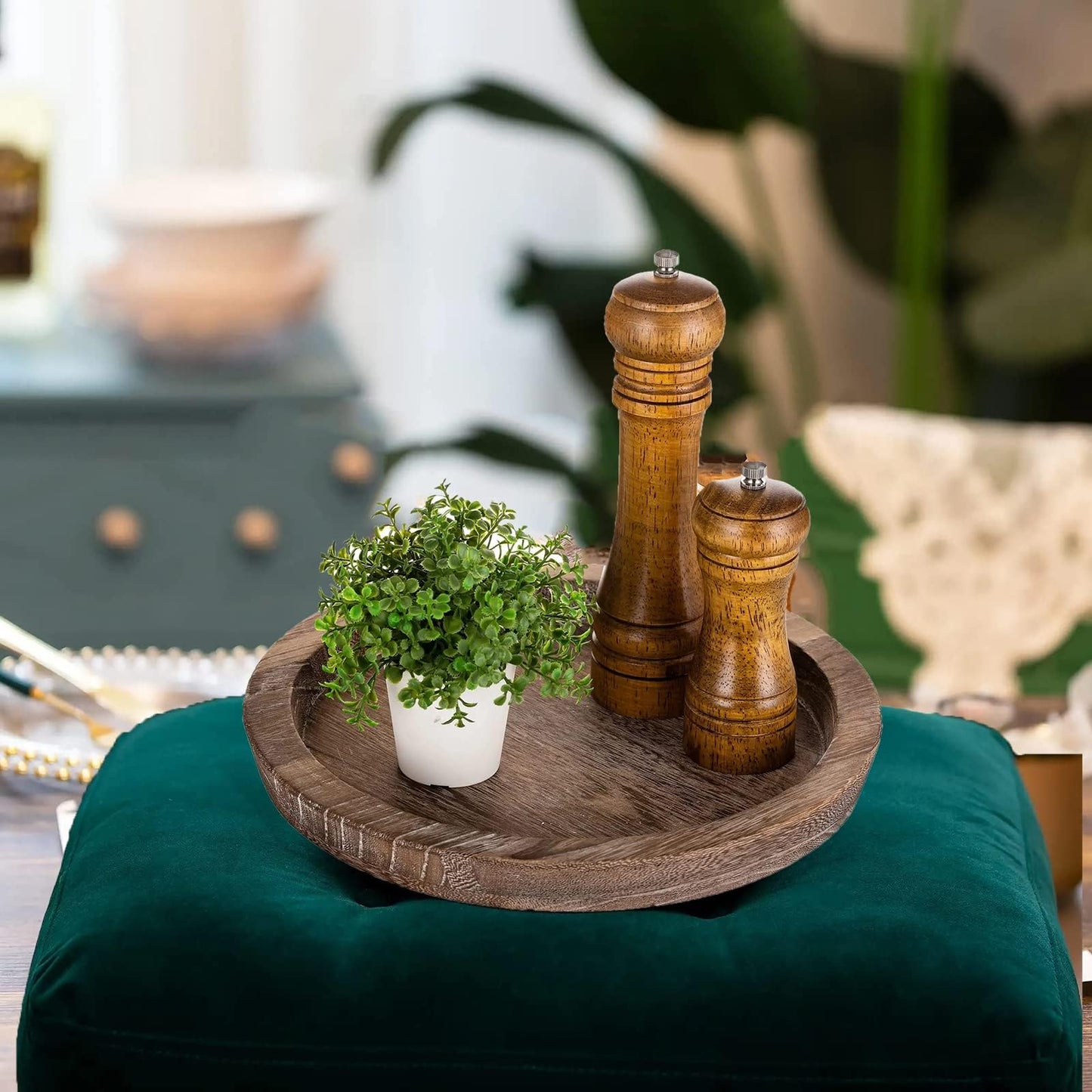 Rustic Wooden Serving Tray - Candle Holder, Round Coffee Table Decor, Home Centerpiece (11.14 in)
