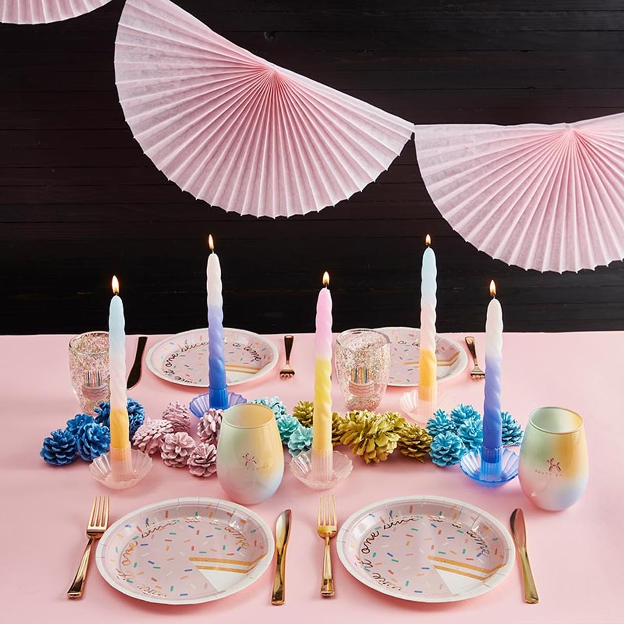 Slant Collections Tri-Colored Unscented Spiral Taper Candles 2-Count Dinner Candles, 9-Inch, Blue/Pink/Yellow