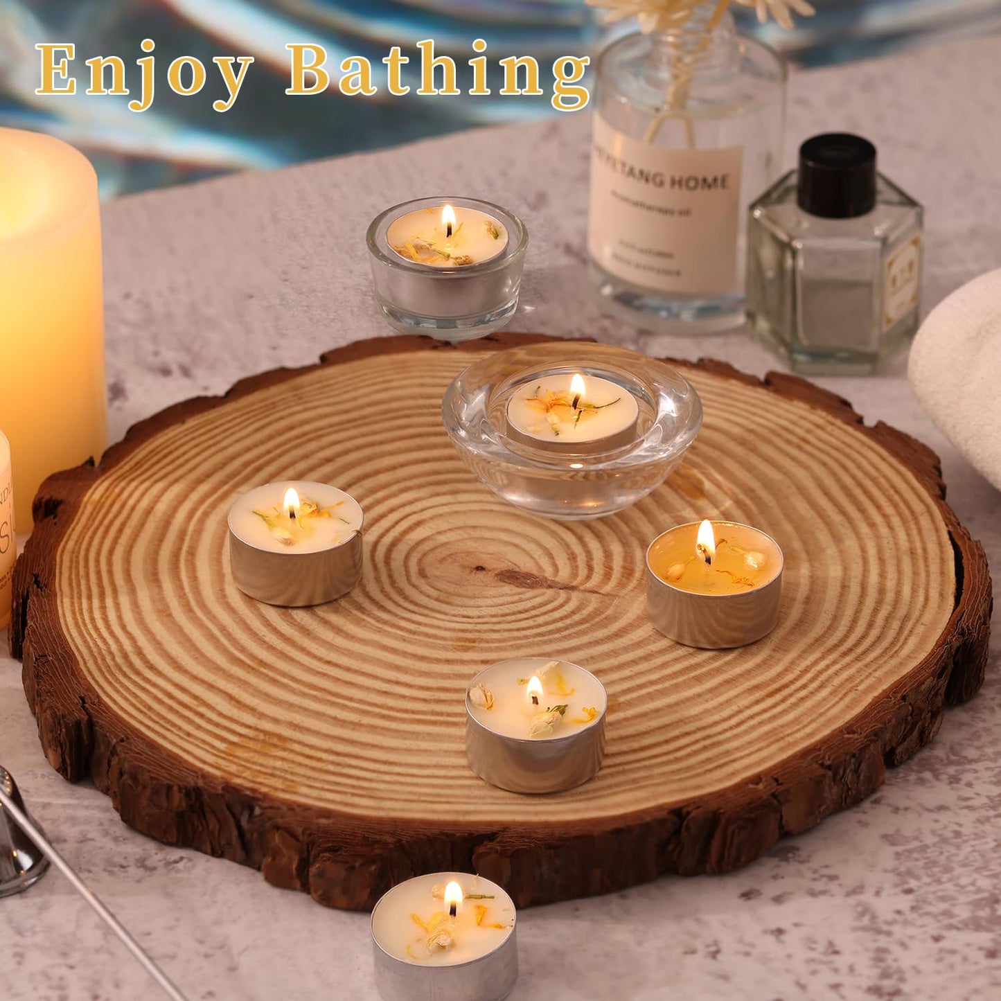 8 Pcs Jasmine Scented Tealight Candles, 6H Long Burning - 100% Palm Wax Based Scented Tea Lights with Dried Flowers, Non-Toxic/Smokeless Tea Lights Candles for Spa, Bath, Wedding