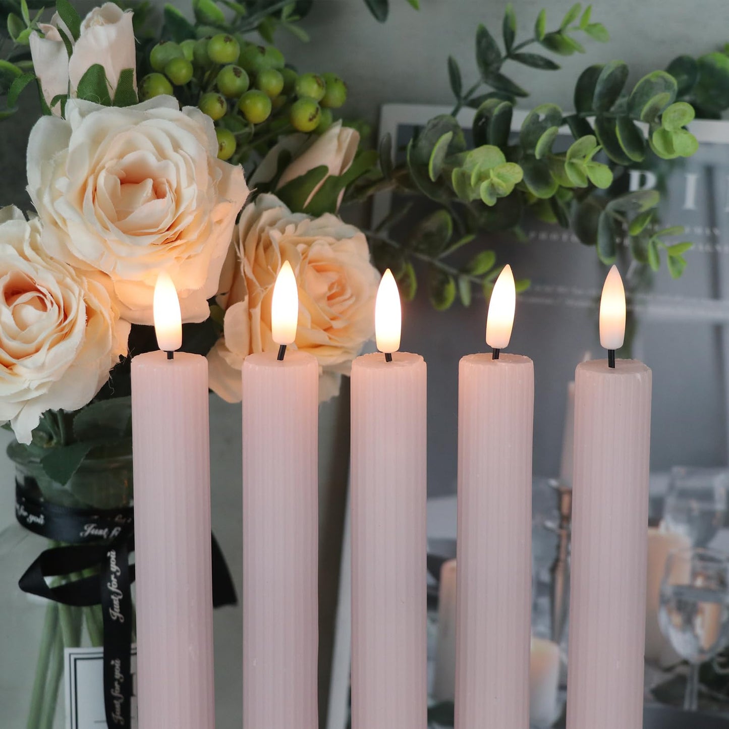 Eldnacele Real Wax LED Flameless Taper Candles with Remote Timer, 9.45 Inches Flameless Candles, Battery Operated Window Candle with 3D Flickering Flame for Wedding Halloween Home Xmas Decor Pink…