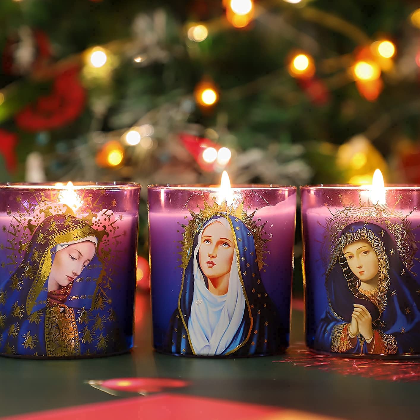 FLAVCHARM Blessed Virgin Mary Scented Candles - Set of 3 Purple Glass Votive Candles for Church Vigil Devotional and Catholic Home Altar - Long-Lasting Burning, Rosemary Scented Soy Wax Jar Candles