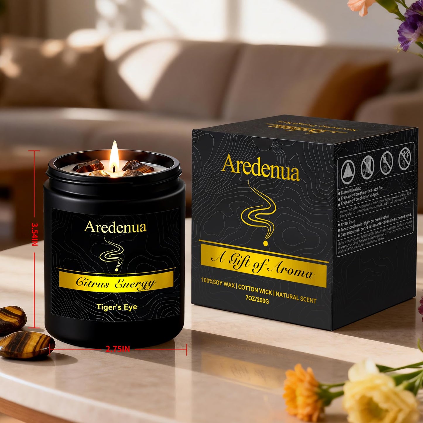 Aredenua Crystal Candle with Tiger Eye Healing Crystals, Citrus Aromatherapy Candle for Confidence, Natural Soy Wax Scented Candle with Real Gemstone, 7oz Long Burning, Motivational Chakra Gift