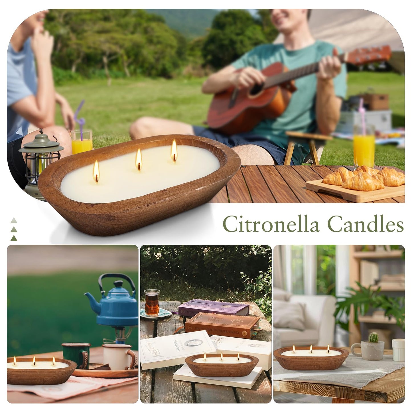 Citronella Scented 3-Wick Candle (8oz) Oval Wood Bowl Candle, Clean Burning & Smokeless, Decorative Soy Blend Candle for Home, Patio, Garden, Summer Gift.