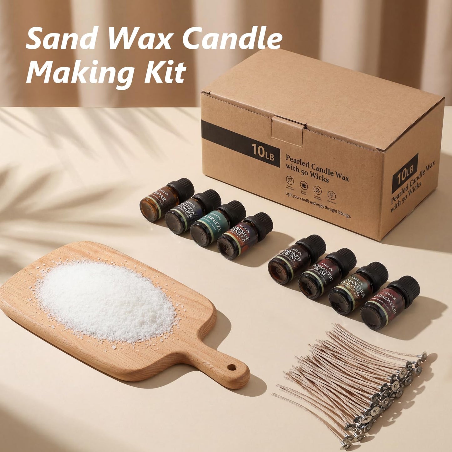 SAEUYVB Natural Pearled Candle Sand Set -10LBS White Sand Wax Beads with 50 Wicks,Refillable DIY Candle Making Kit with Fragrance Oils,Unique Craft Gift & Home Decor