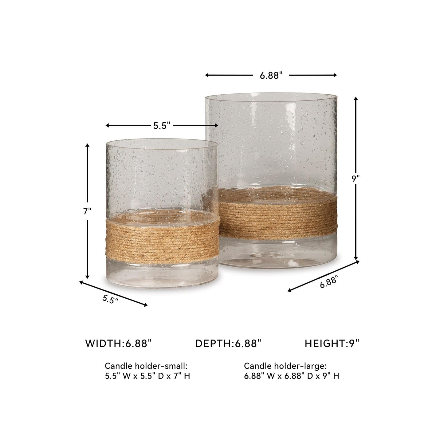 Signature Design by Ashley Eudocia Coastal 2 Piece Glass Candle Holder Set with Rope Base, Clear & Brown