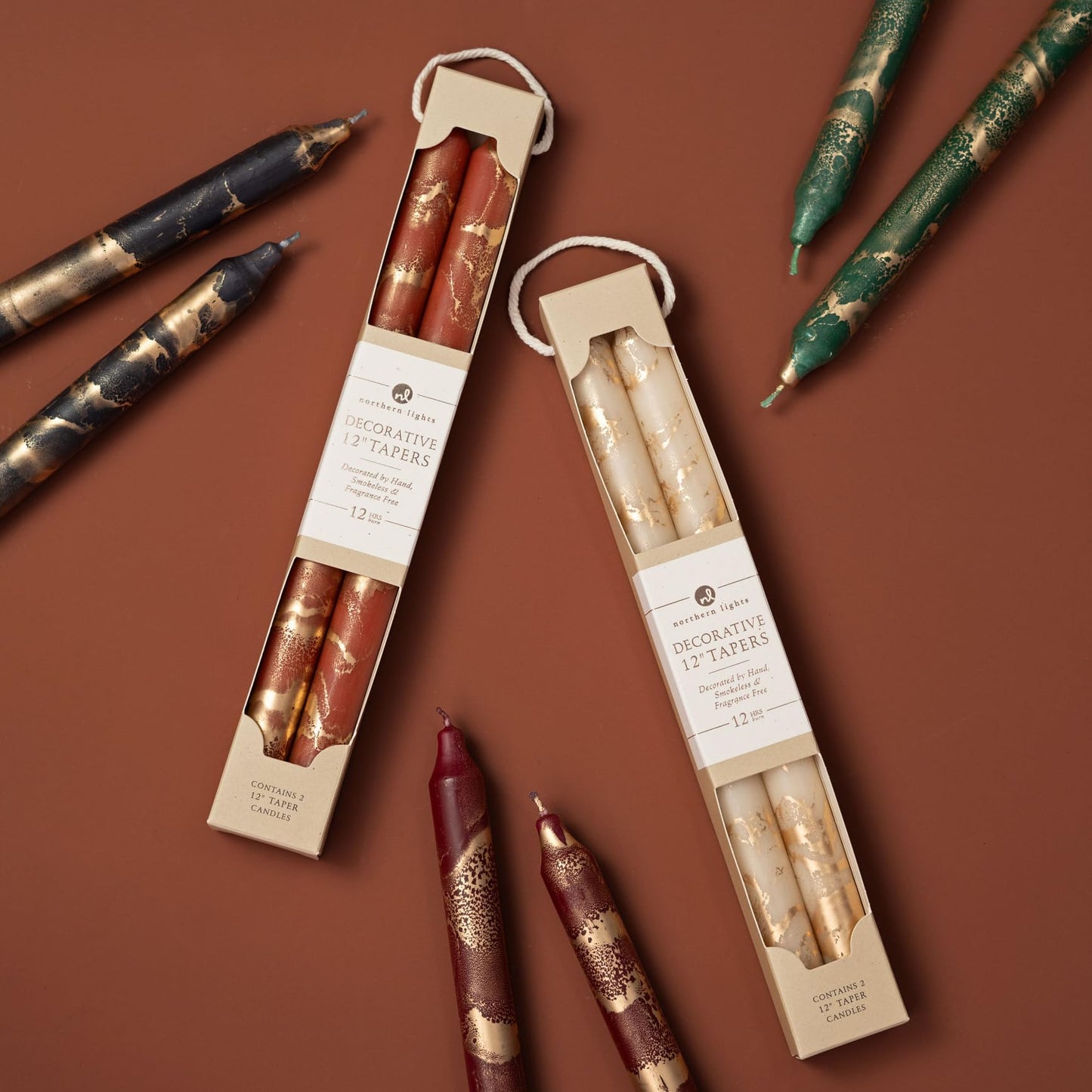 Northern Lights Candles - Premium Decorative Tapers - 12" 2PK - Bordeaux w/Gold - 73302
