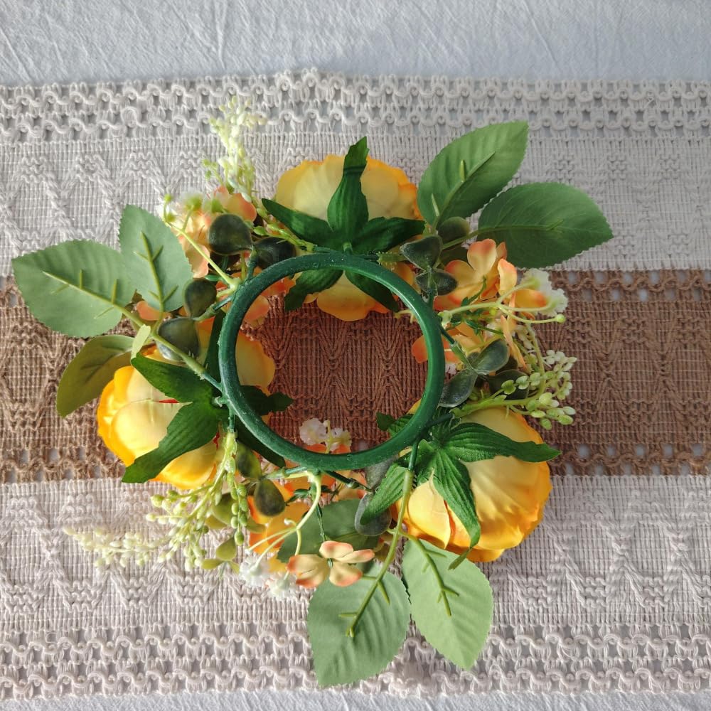 Set of 4 Artificial Rose Daisy Flowers Candle Rings Wreaths 3 Inch Center Green Eucalyptus 8" Floral Small Wreath for Pillars Spring Easter Wedding Party Home All Season Decor (Orange)