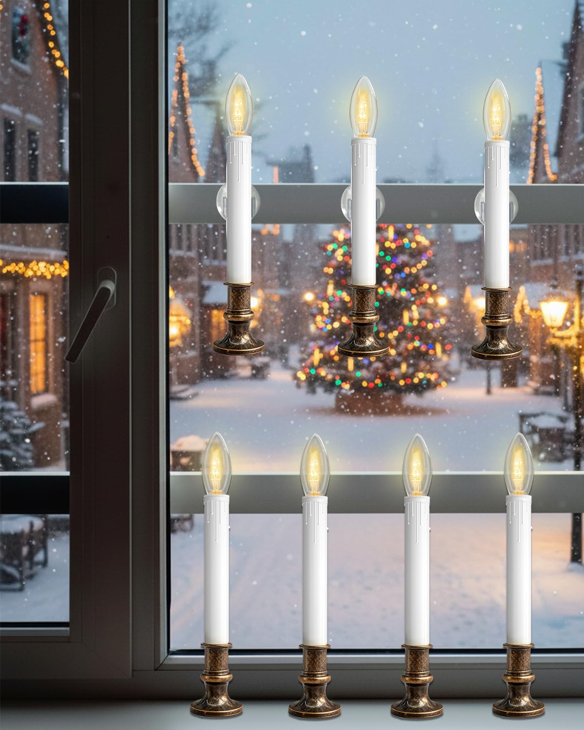 SUNSGNE Battery Operated Window Candles, Flameless Window Candles with Auto Timer for Holiday Home Table Christmas Decor, C26 LED Ultra-Bright Bulbs, 4 Pack, Antique Bronze Base