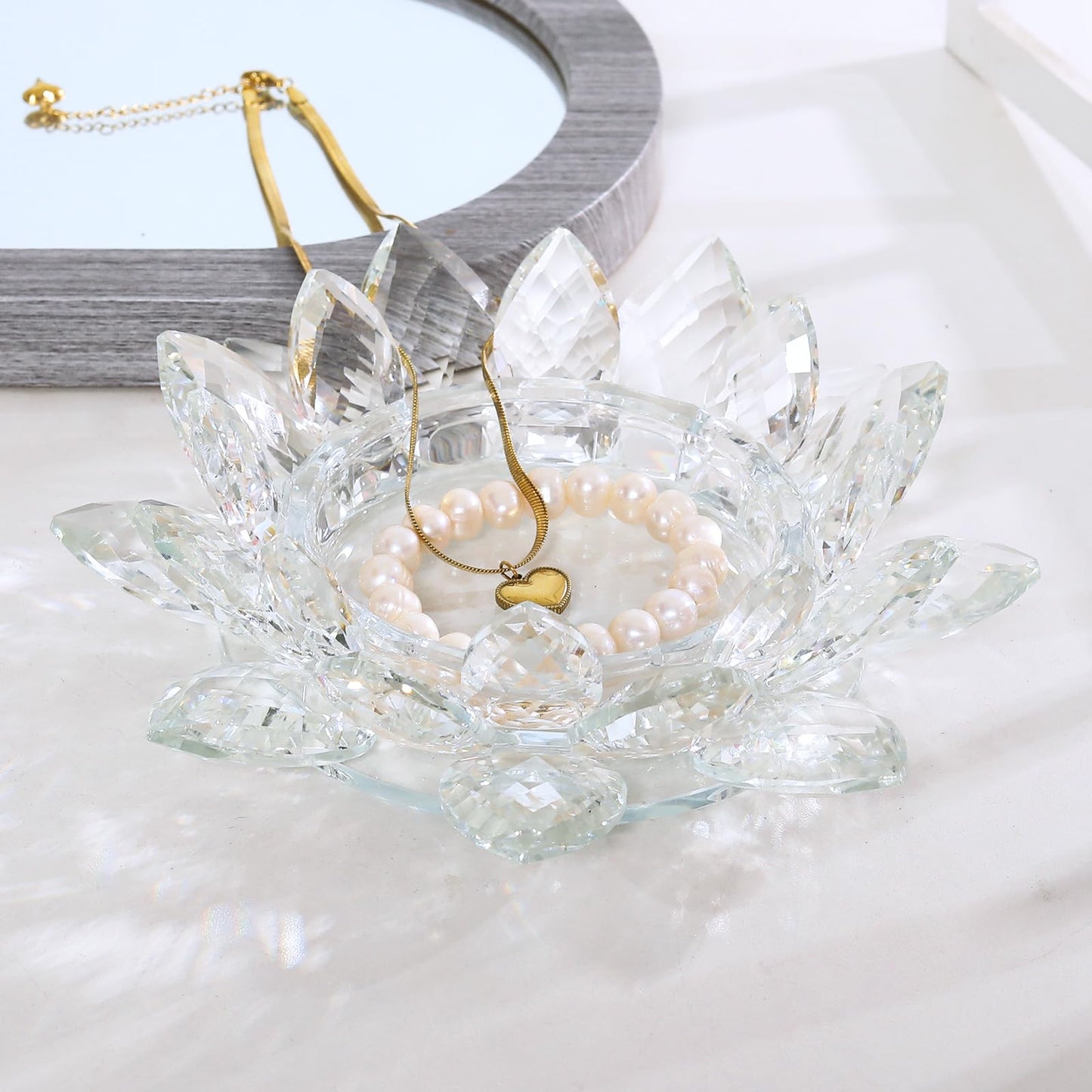 Crystal Lotus Flower Tealight Candle Holder, Clear, 7.48in