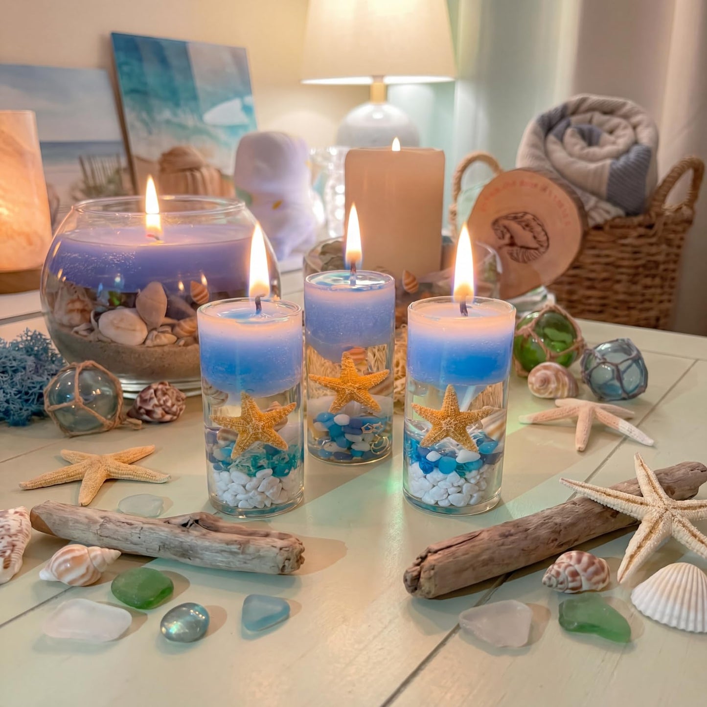 Heigble 6.6 lb Gel Wax for Candle Making Candle Making Kit with Seashells Starfish Pebble Wick Stickers and Liquid Dye and Wooden Wick Device DIY Clear Jelly Make Candles DIY Supplies for Party