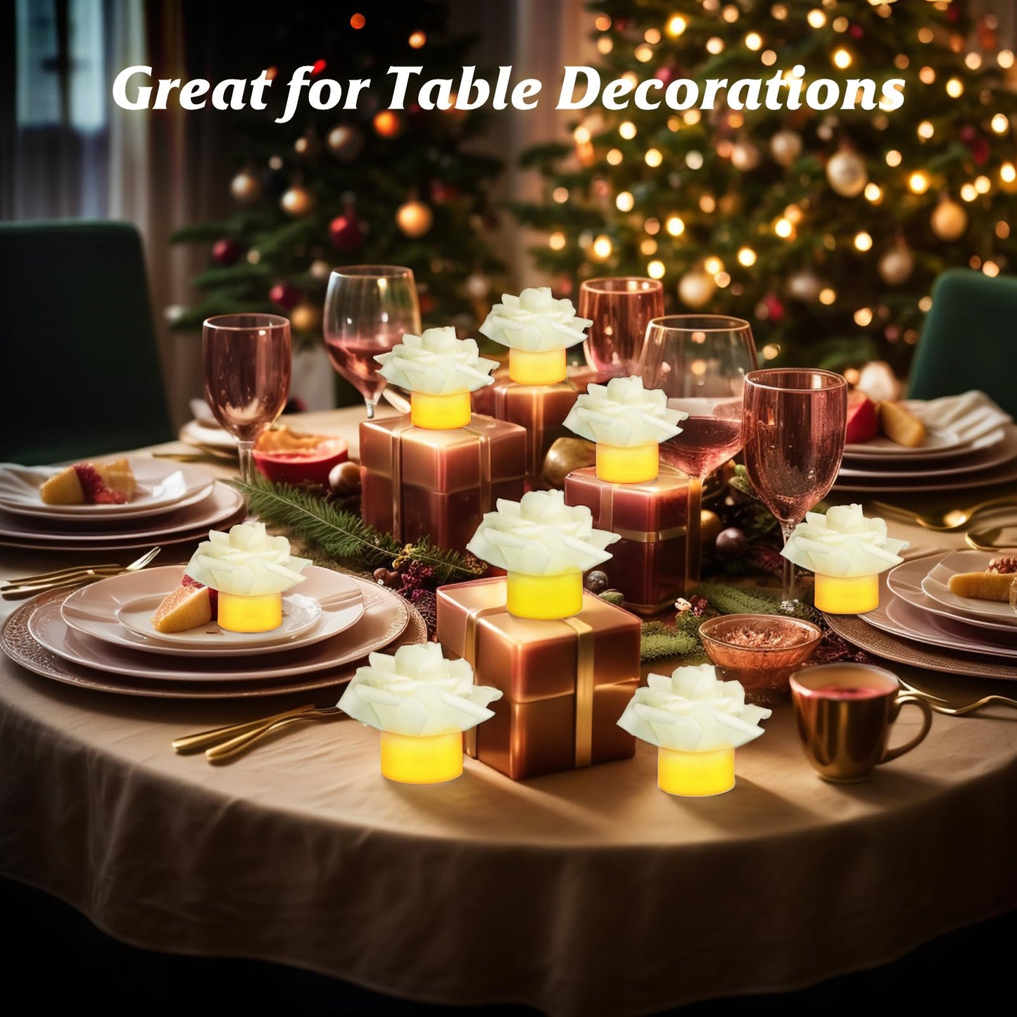 SupBri 12 Pack Led Candles with Artificial Flowers, 200+Hour Battery Operated Tea Lights Candles for Centerpiece Table, Party, Wedding Decorations(White)