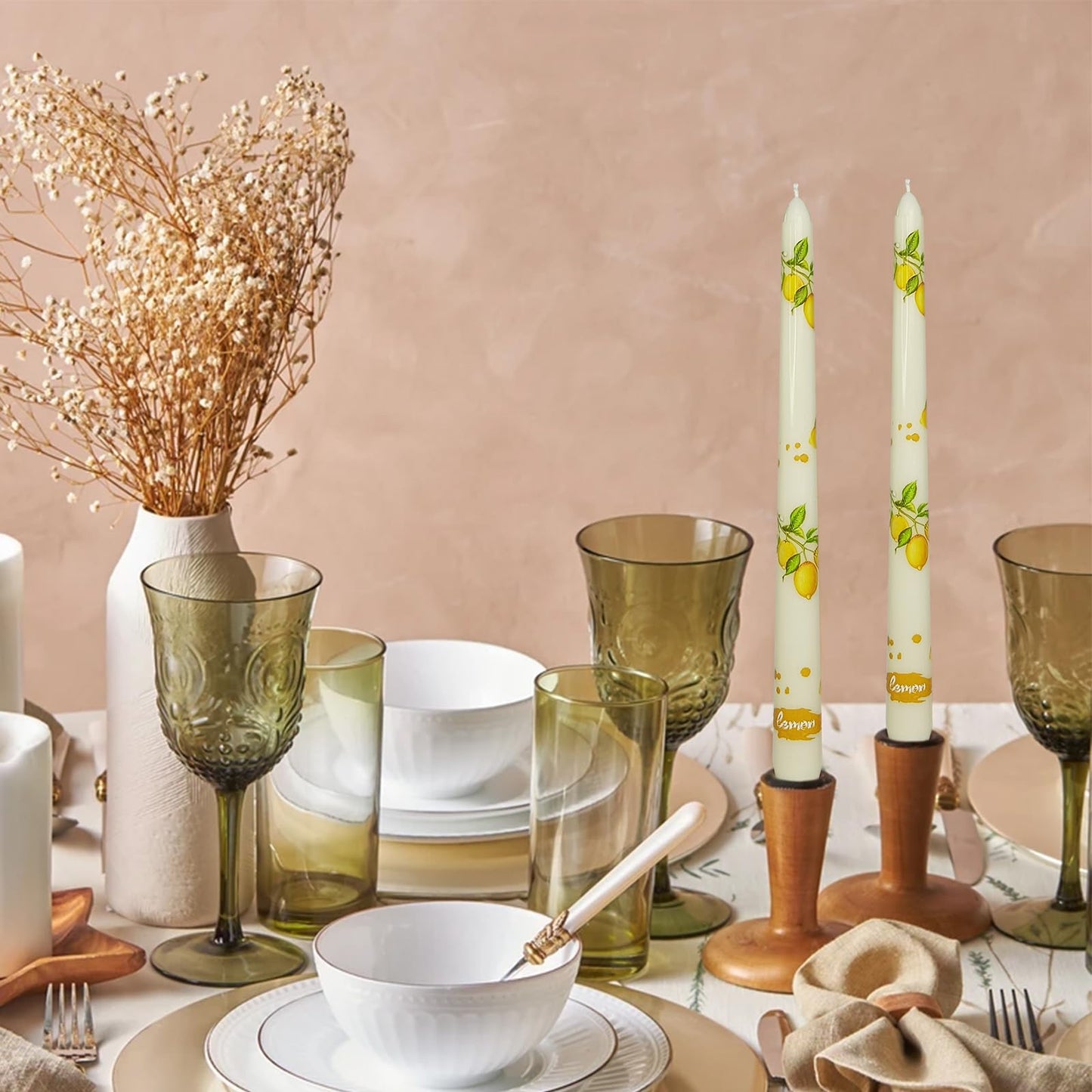 Floral Taper Candles 10 Inch Tall Unscented Handmade Beige Lemon Print Long Burning Elegant Candlesticks for Wedding Dinner Home Decor