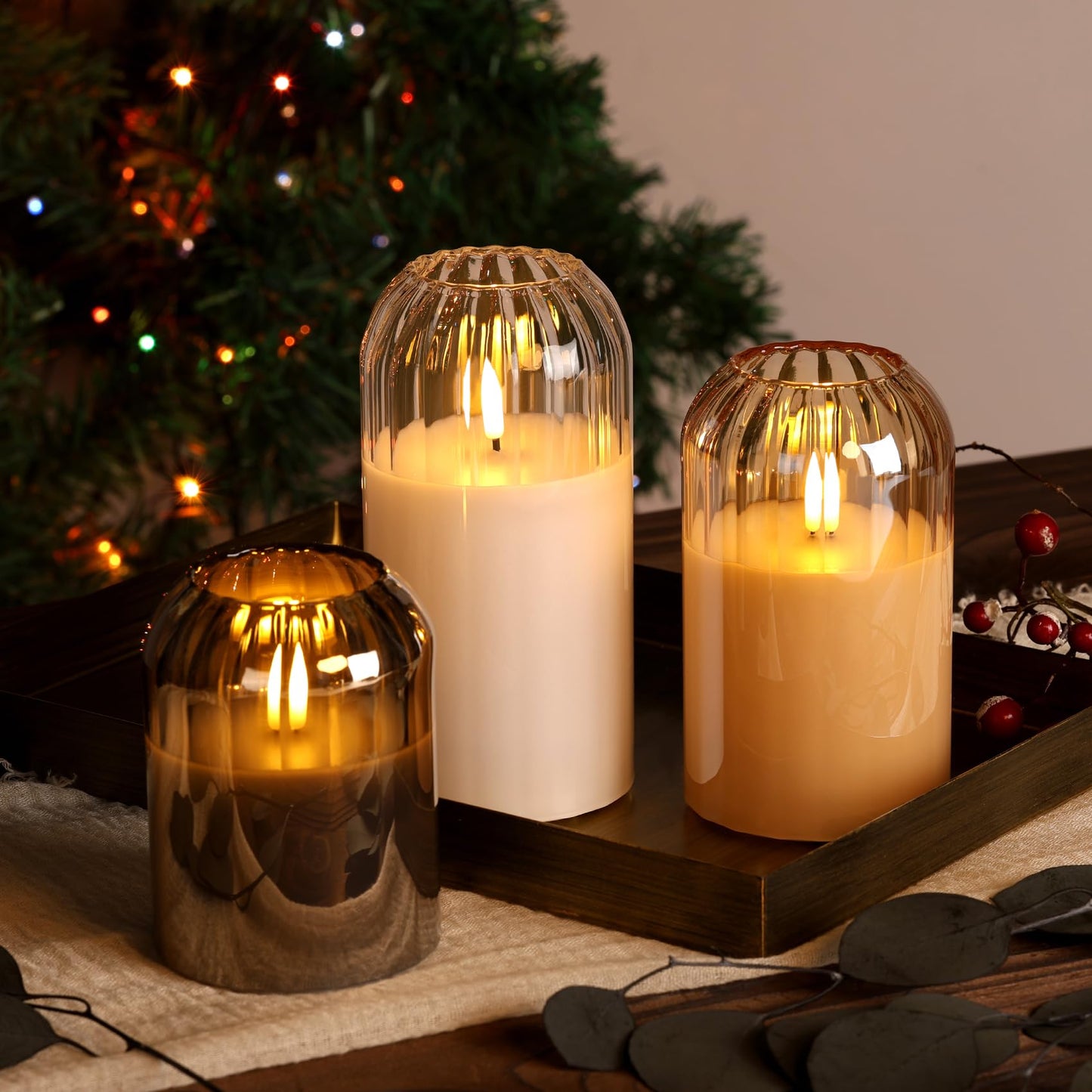Girimax Clear Glass Flameless Candles with Remote, Flickering LED Pillar Candles Battery Powered Ribbed Dome Top Set of 3