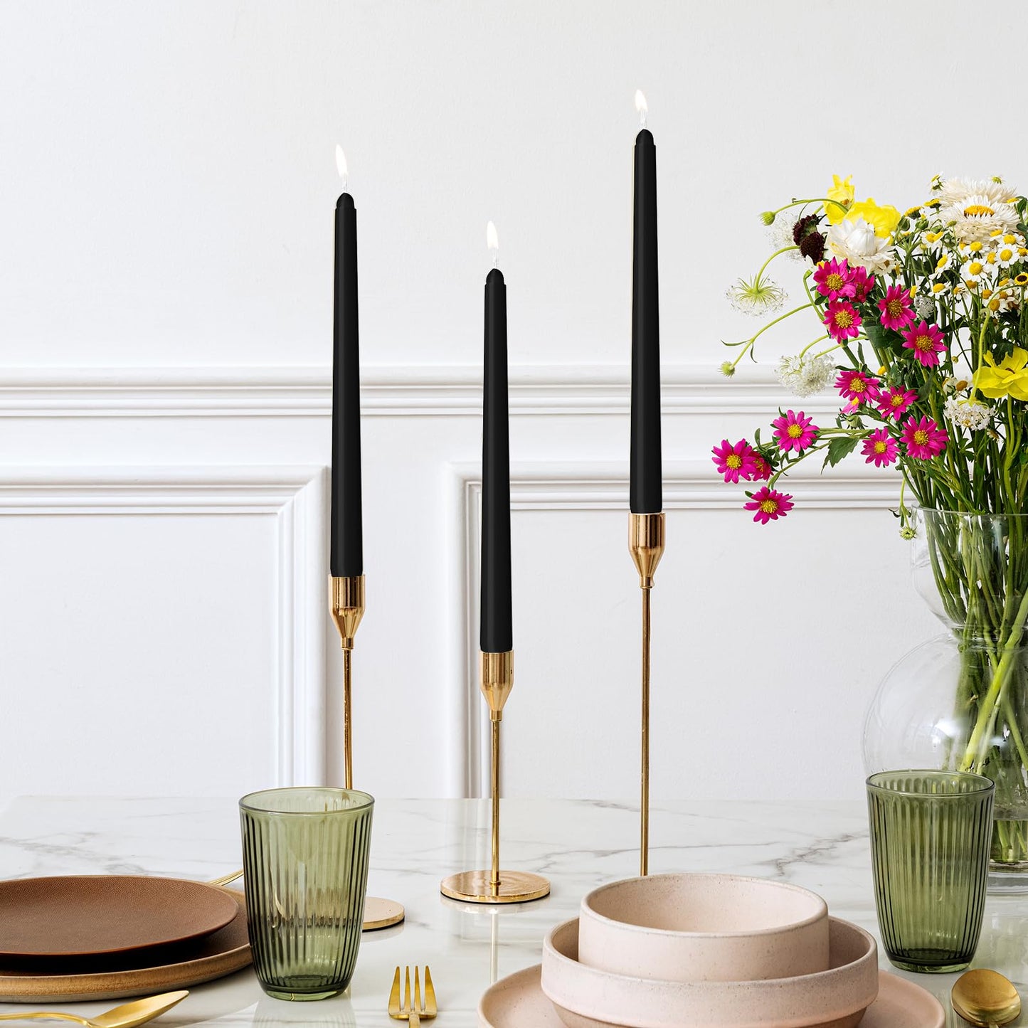 12 Pack Black Taper Candles 10 inch - Taper Candles Dripless, Smokeless, Unscented - 8 Hours Long Burning - Hand Poured Tall Candlesticks - Perfect for Home Decor, Weddings, and Special Occasions