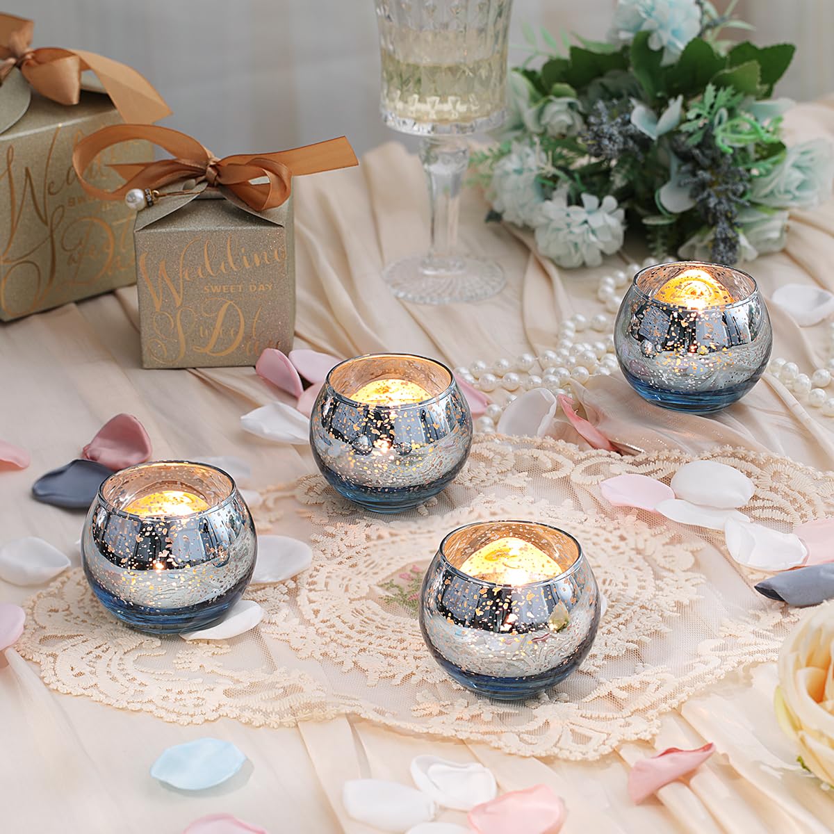 LETINE 36pcs Blue Votive Candle Holders - Elegant Mercury Glass Tea Light Candle Holder Set for Spring Summer Weddings, Holiday Season Decorations, Valentine's Day Table Centerpieces