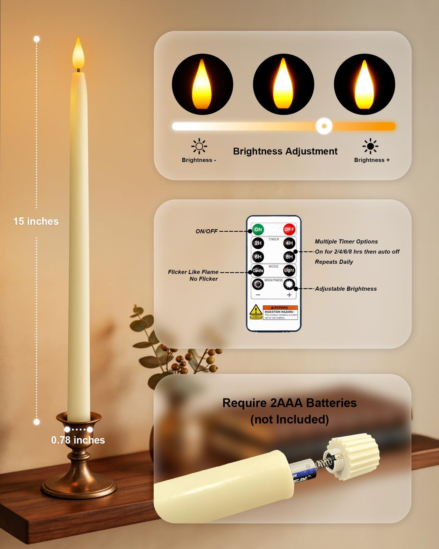 Homemory 15 inches Real Wax Flameless Taper Candles with Remote Timer, 6 Pcs Ivory LED Taper Candles Battery Operated with 3D Flickering Flame, Window Candle Led Candlesticks for Dinners Home Decor