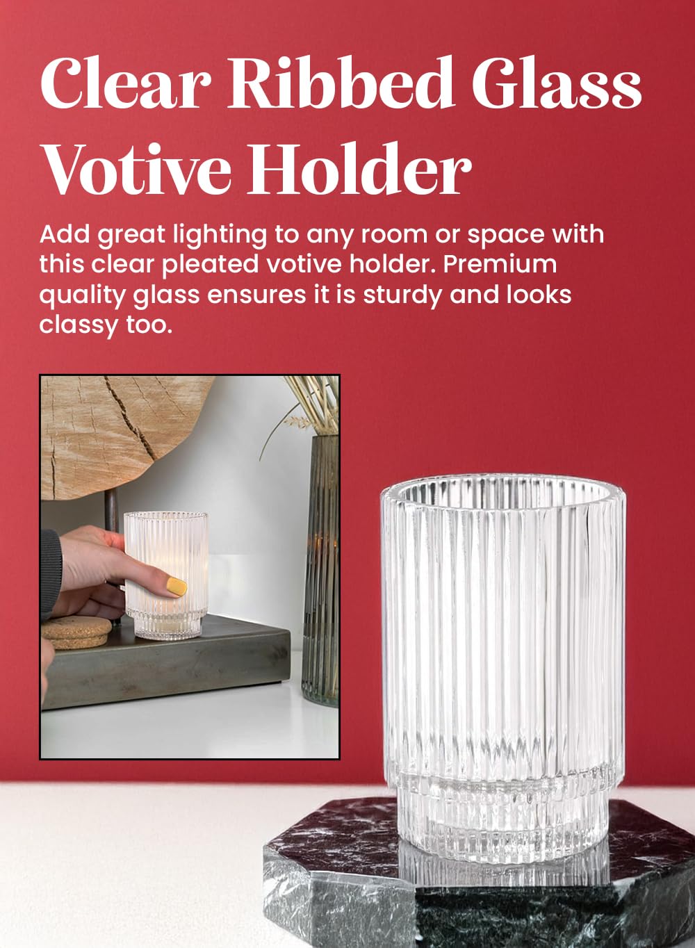 Serene Spaces Living Clear Ribbed Glass Votive Holder, Perfect for Weddings and Home Décor, Measures 5" Tall and 3.5" Diameter