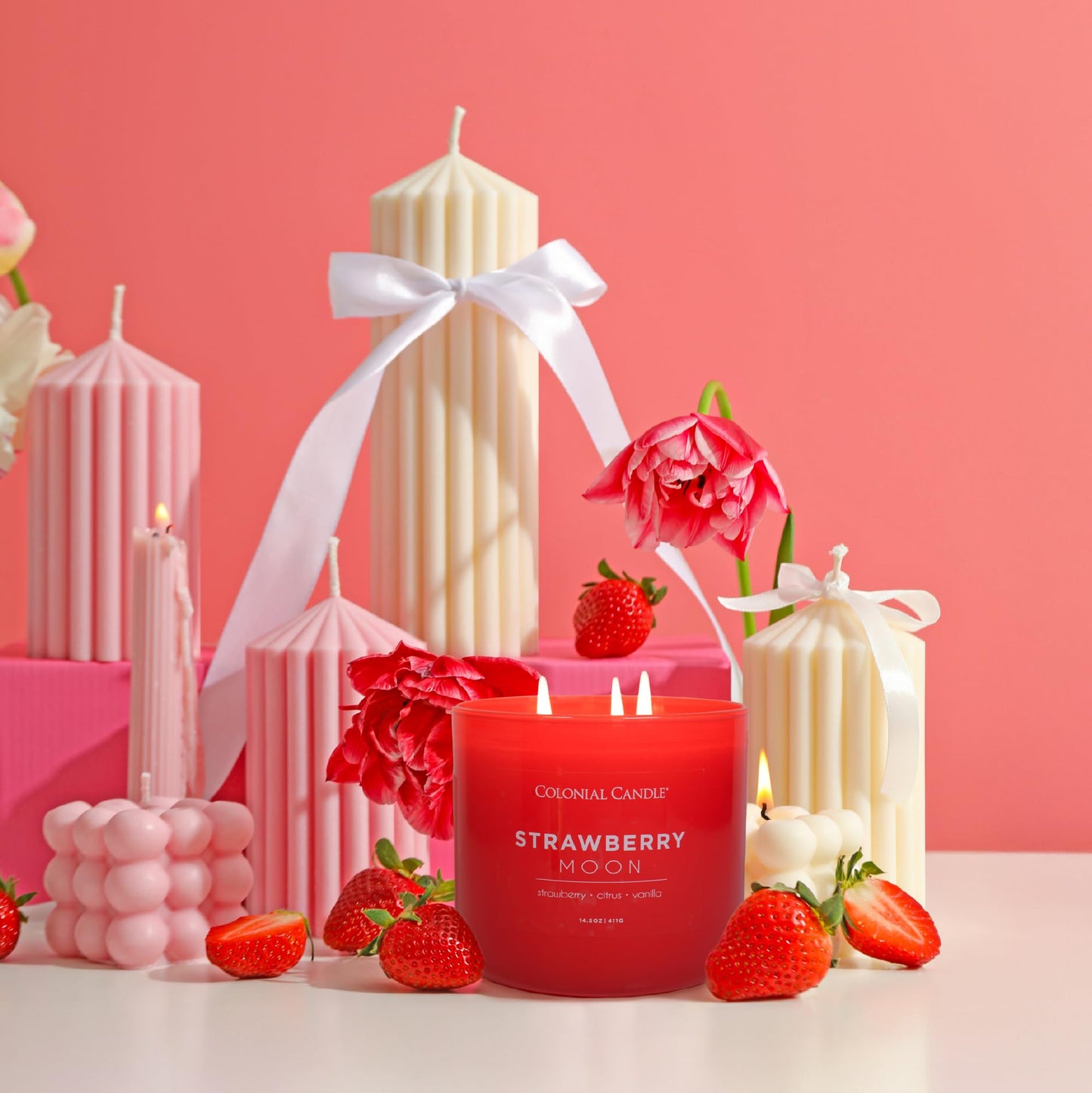 Colonial Candle Strawberry Moon Scented Jar Candle, Pop of Color Collection, 3 Wick, 14.5 oz - Up to 60 Hours Burn
