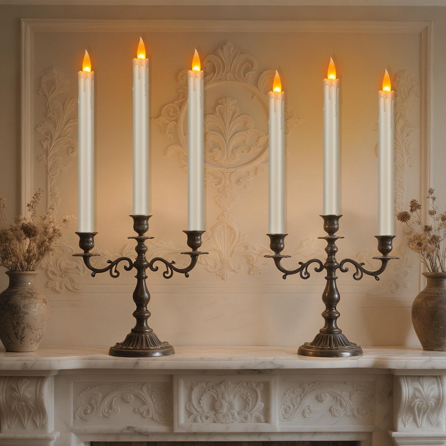 wemarry Flickering Flameless Taper Candles, 10" Fake Taper Candles Battery Operated with Timer, Long Lasting-Ivory Electric Led Candlesticks for Xmas Halloween Wedding Home Décor(Ivory Drip, 12 Pack)
