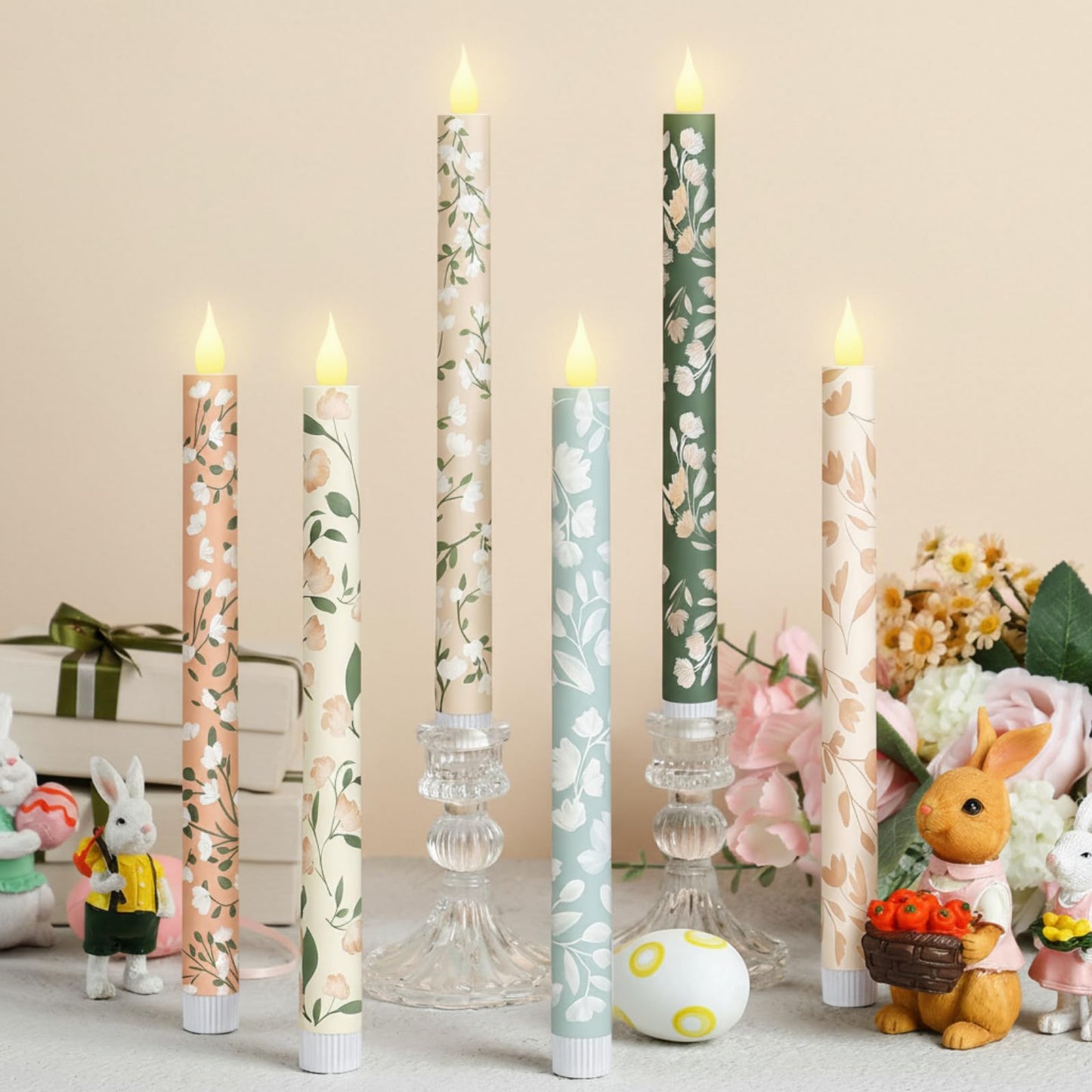 Honoson 6 Pcs Mother's Day Flameless Taper Candles 10.6 Inch Pastel Spring Flower Candles Battery Operated LED Candlesticks for Mother's Day Dinner Table Home Party Decor
