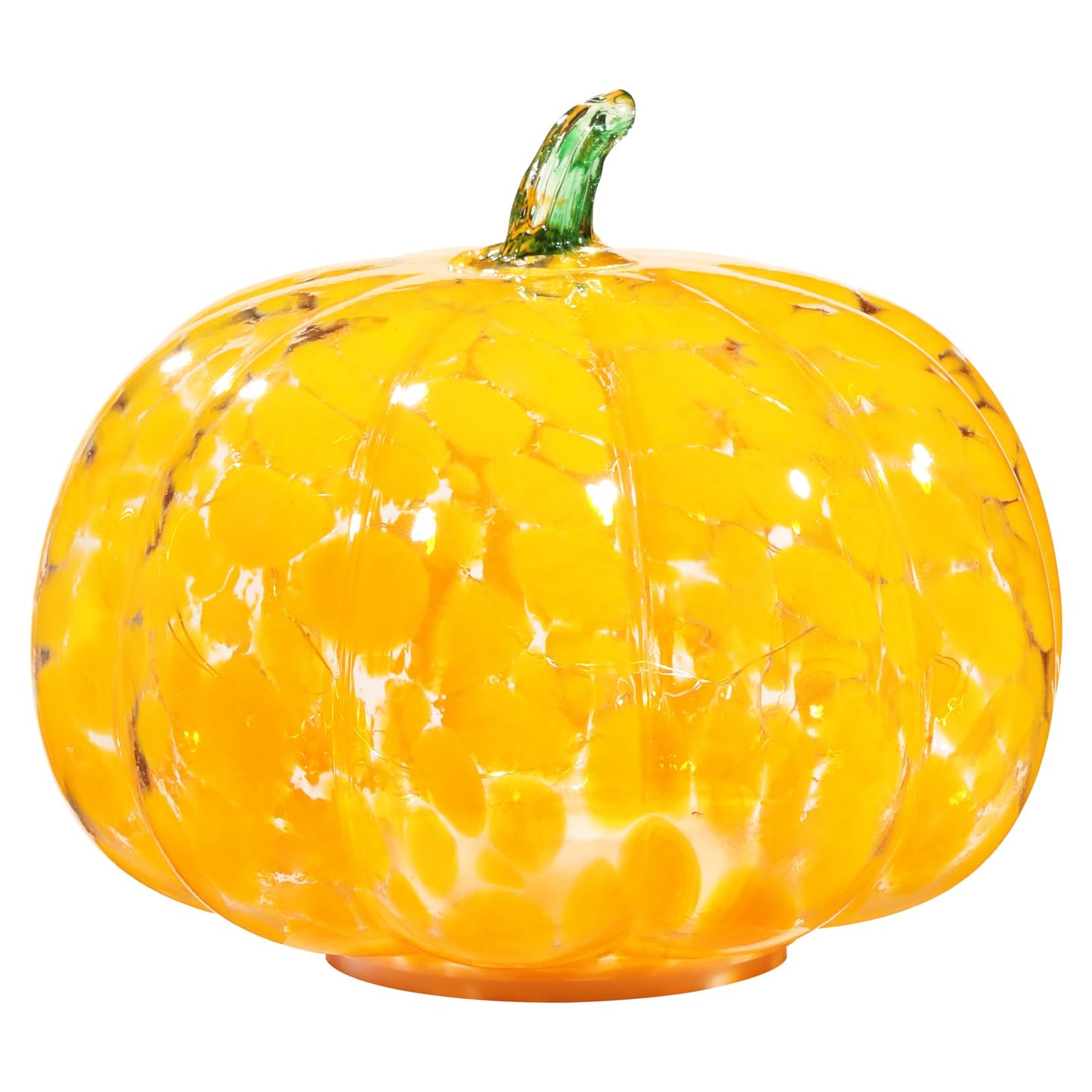 Naboher Handcrafted Glass Pumpkin with Warm LED Lights - Halloween & Thanksgiving Decor, Gift-Worthy Fall Home Decoration, 5.9-Inch Light-Up Tabletop Centerpiece (Green Leaf Orange)