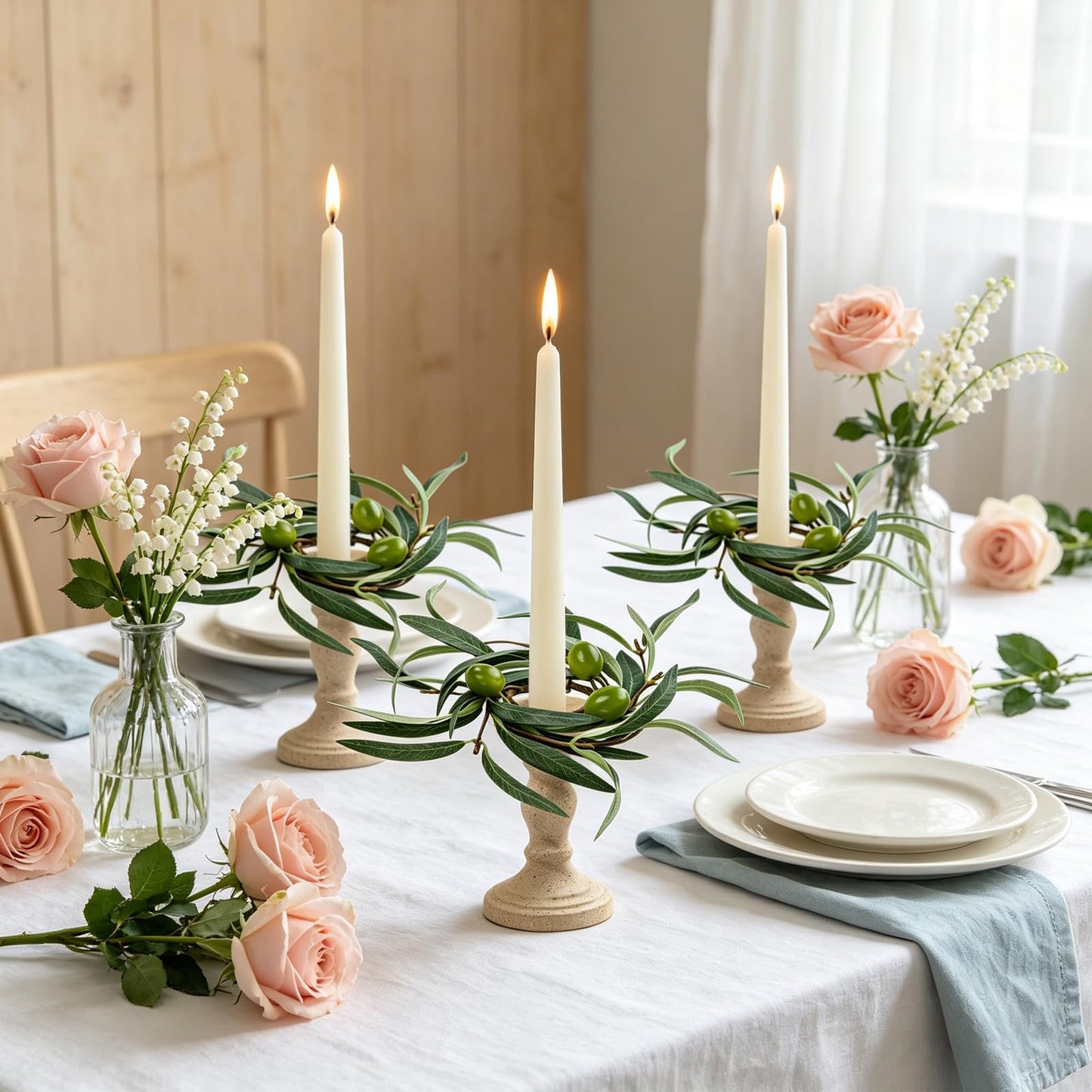 6 PCS 1.38" Mini Spring Summer Taper Candle Ring Mini Green Olive Candle Rings for Tapers Small Artificial Greenery Candle Holder Wreaths for Table Centerpieces Home Wedding Candlesticks Decor