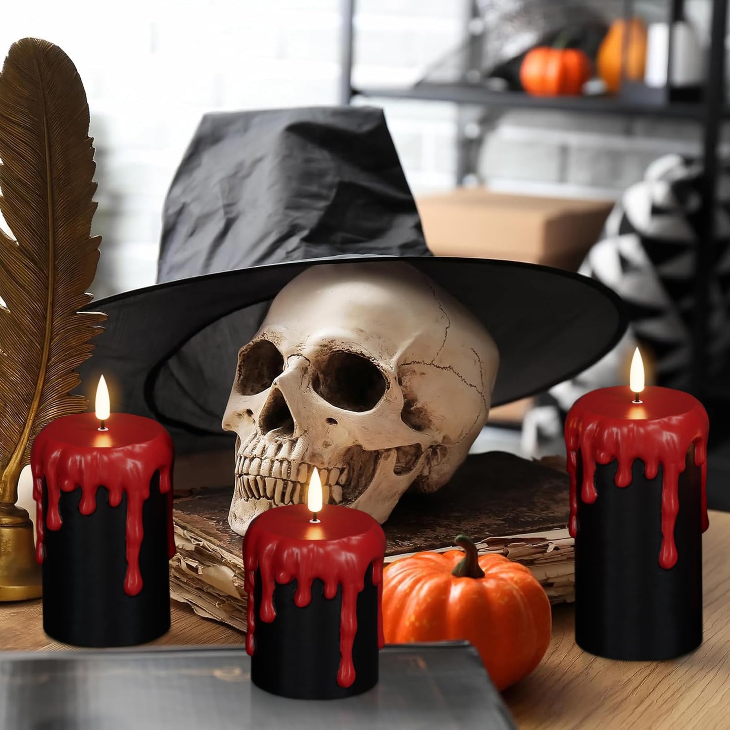 DRomance Battery Operated Flameless Candles with 6H Timer, Blood Dripping Wax Effect Black LED Pillar Candles 3D Wick Flickering Spooky Halloween Indoor Decoration Light(3 Pack, 3 x 4,5,6 Inches)