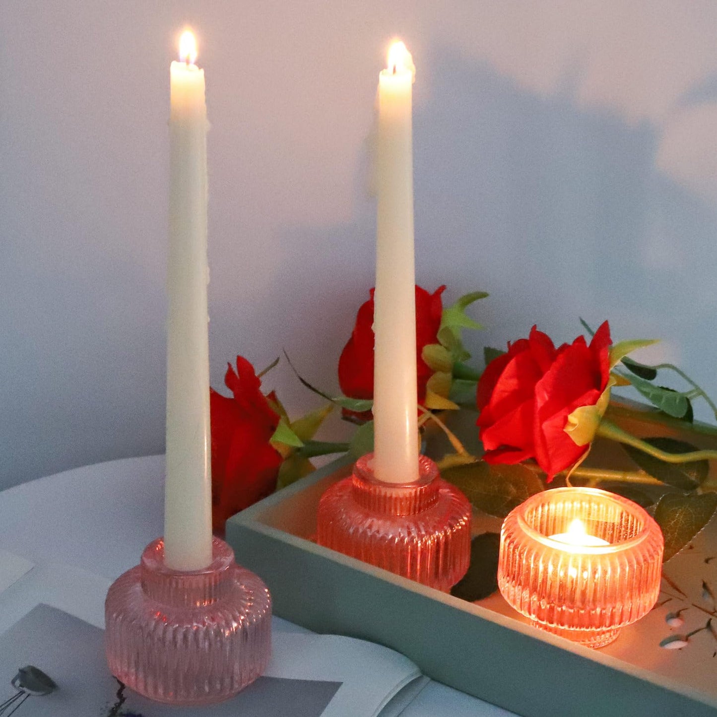 Woho Pink Candlestick Holders for Taper Candles Set of 4, Glass Taper Candle Holders Bulk for Birthday Party, Tea Lights Candle Holder for Wedding Festival