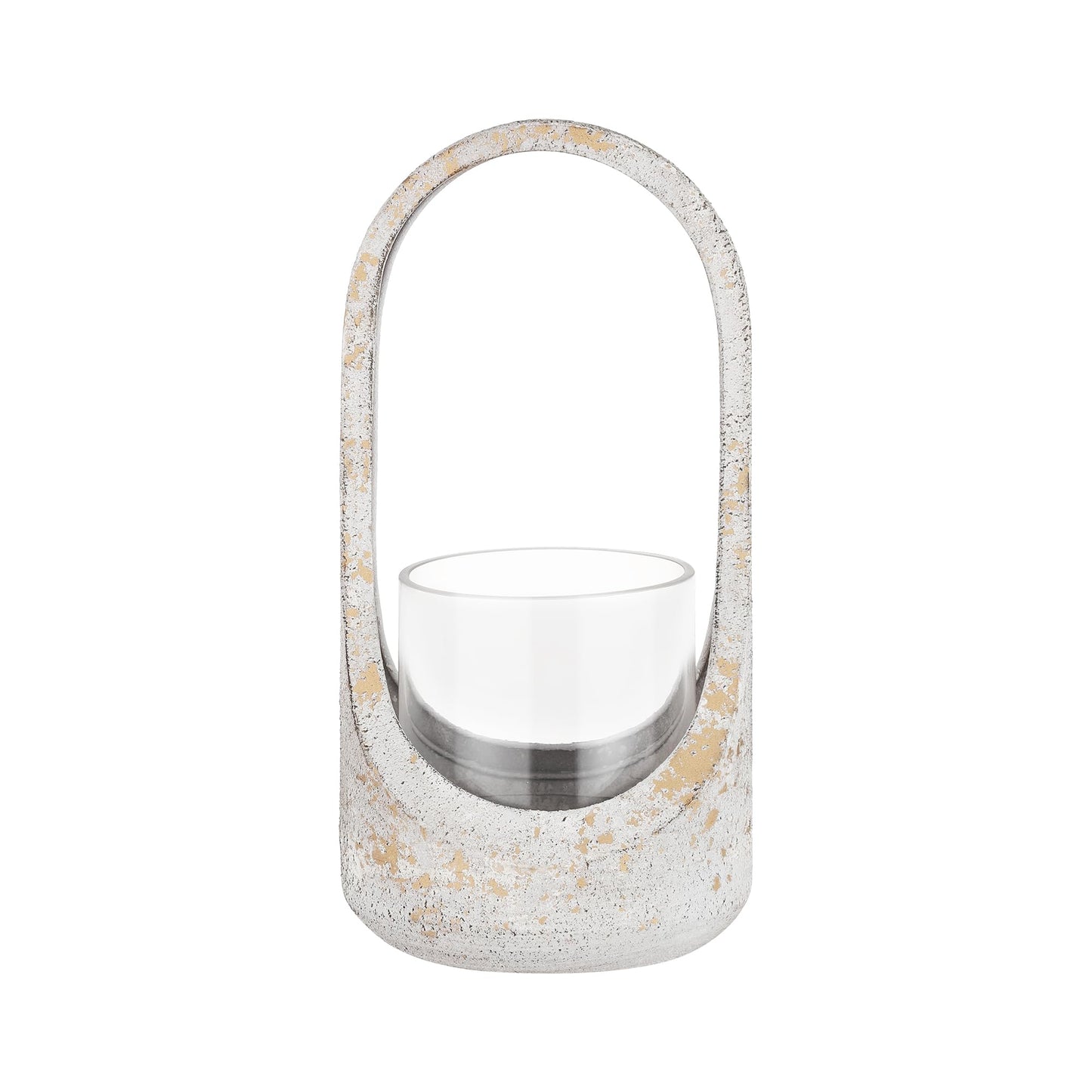 13" Twakutwaku Versatile Farmhouse Arched Metal Candle Holder in Shabby White with Handmade Thick Glass for Pillar & Plant, Glass Hurricane Lantern, Candlestick Holder, Glass Vase, Centerpiece